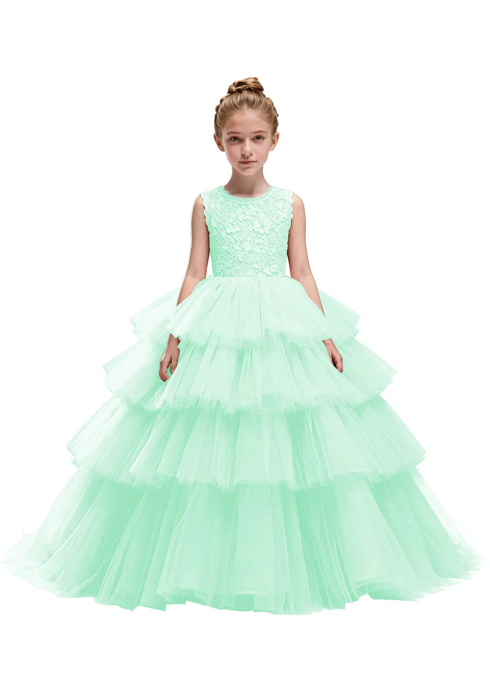 Floral Lace Kids Party Dress with Tiered Skirt