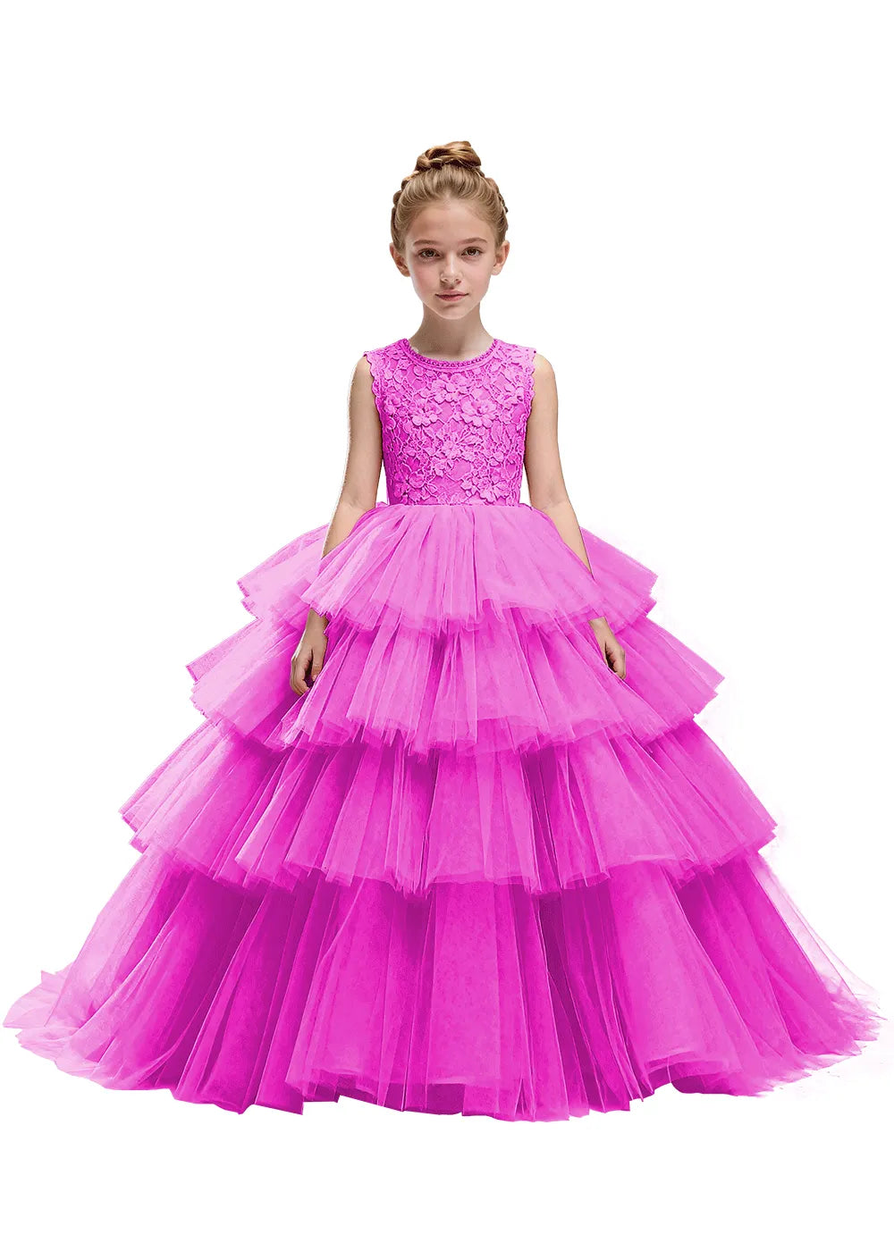Floral Lace Kids Party Dress with Tiered Skirt