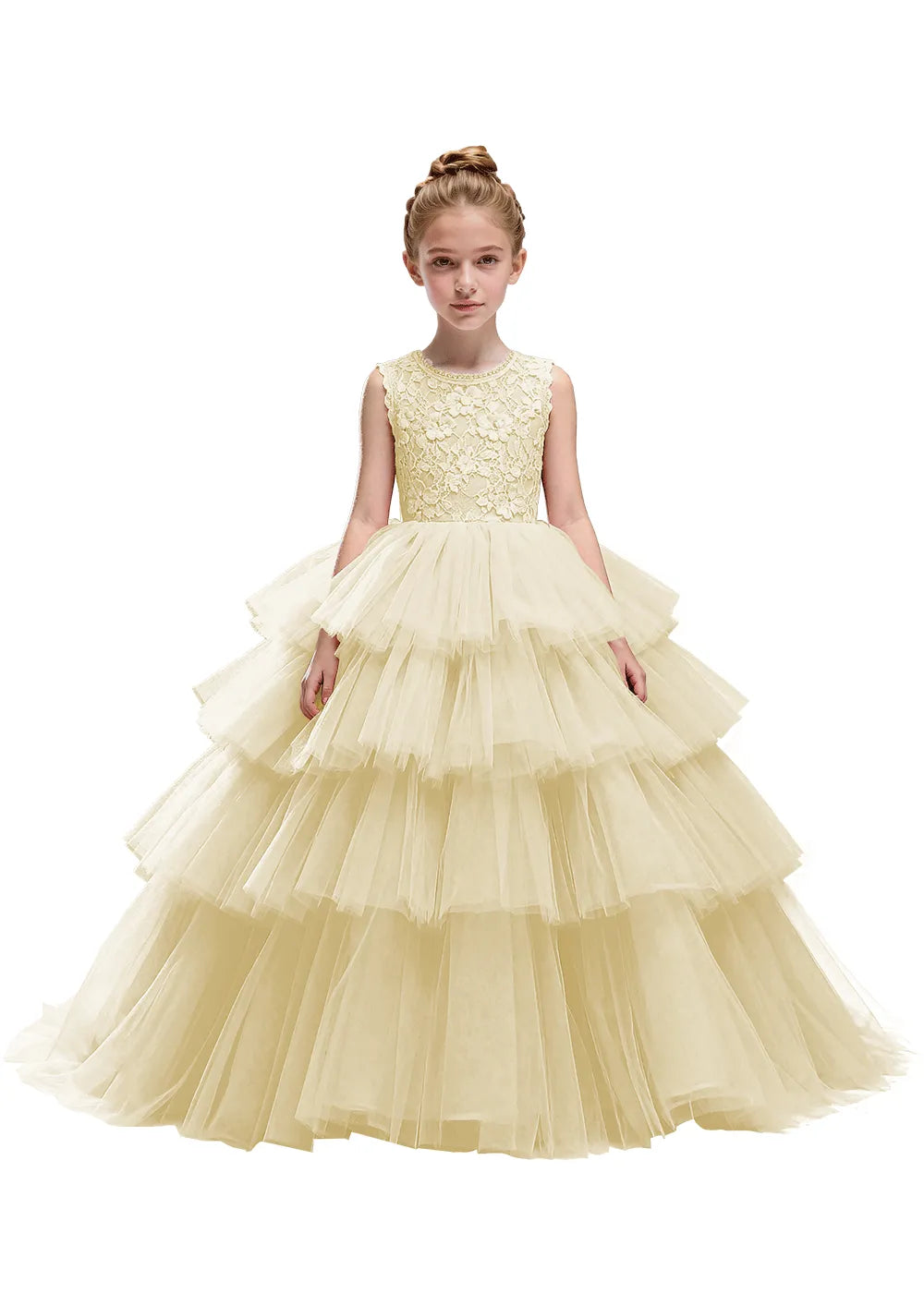 Floral Lace Kids Party Dress with Tiered Skirt