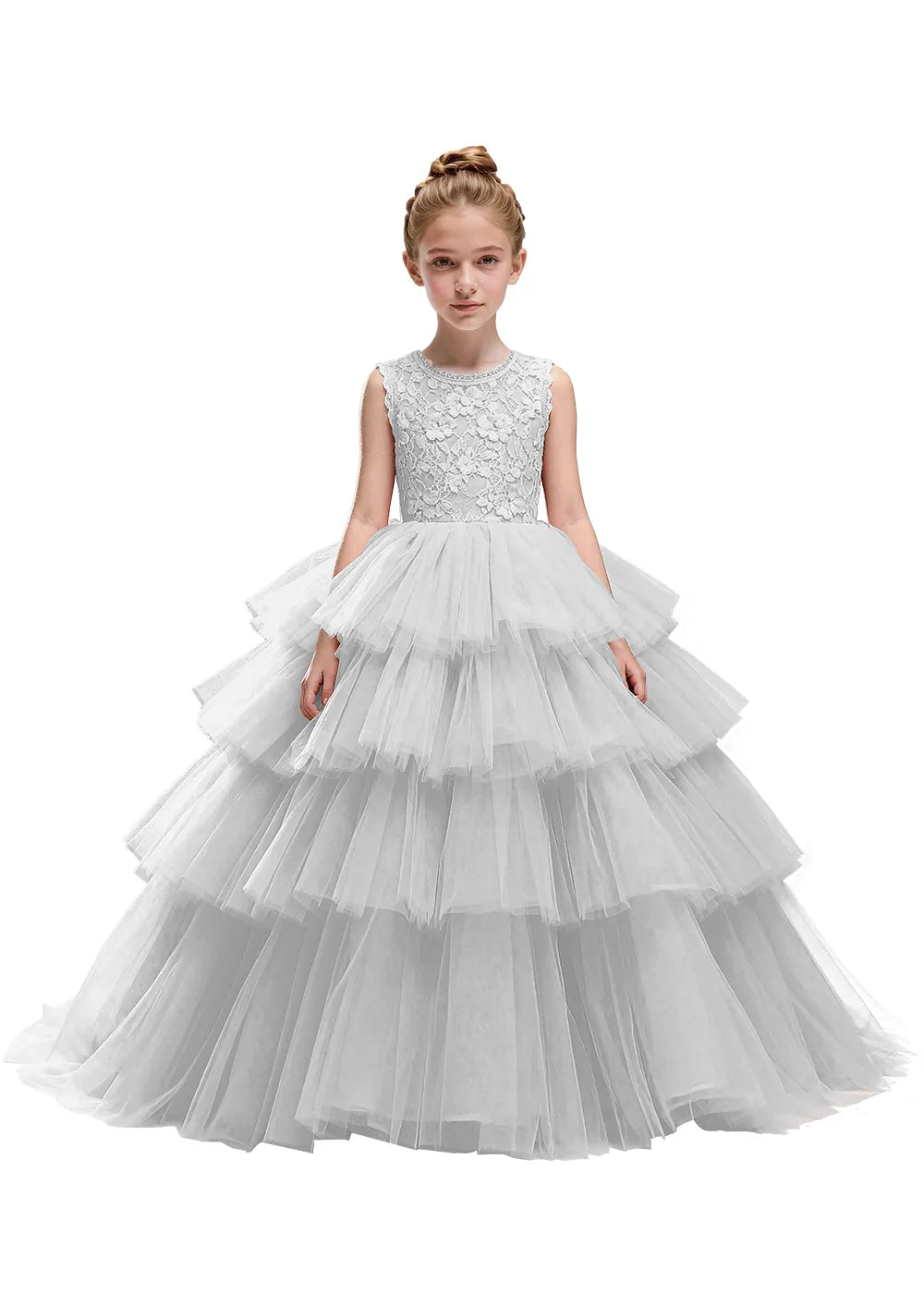 Floral Lace Kids Party Dress with Tiered Skirt