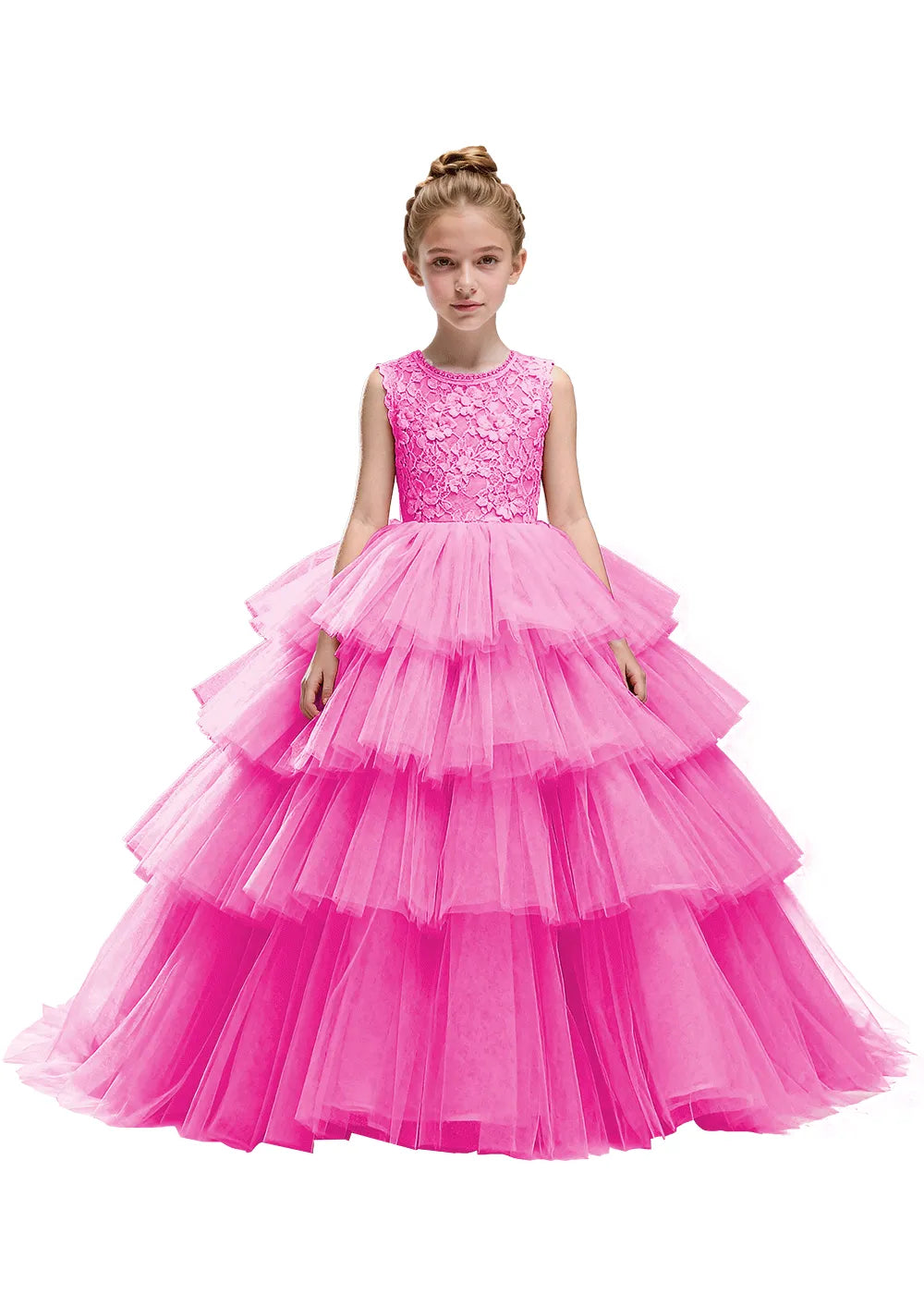 Floral Lace Kids Party Dress with Tiered Skirt