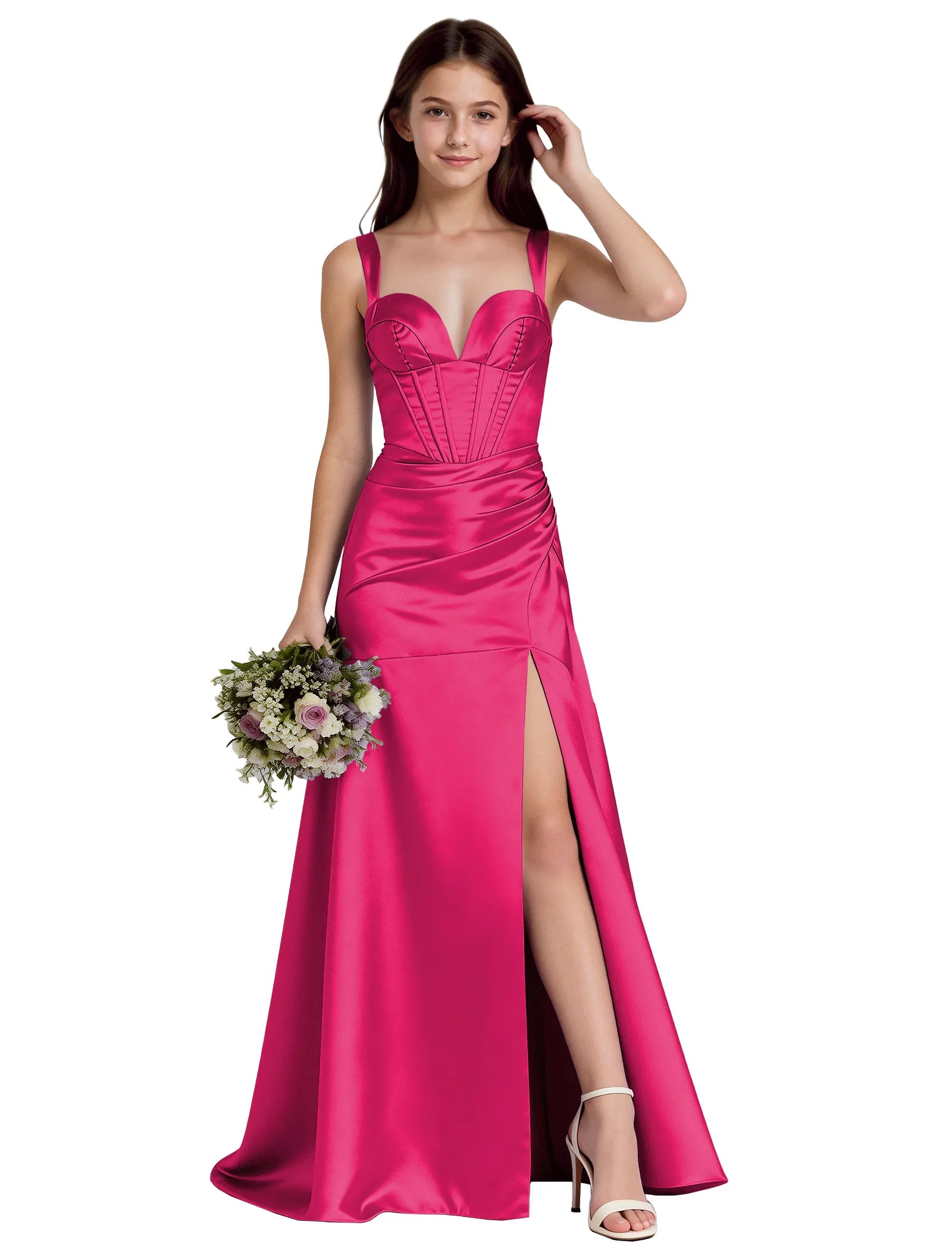 Shiny A-Line Satin Dress With Bustier Bodice for Girls