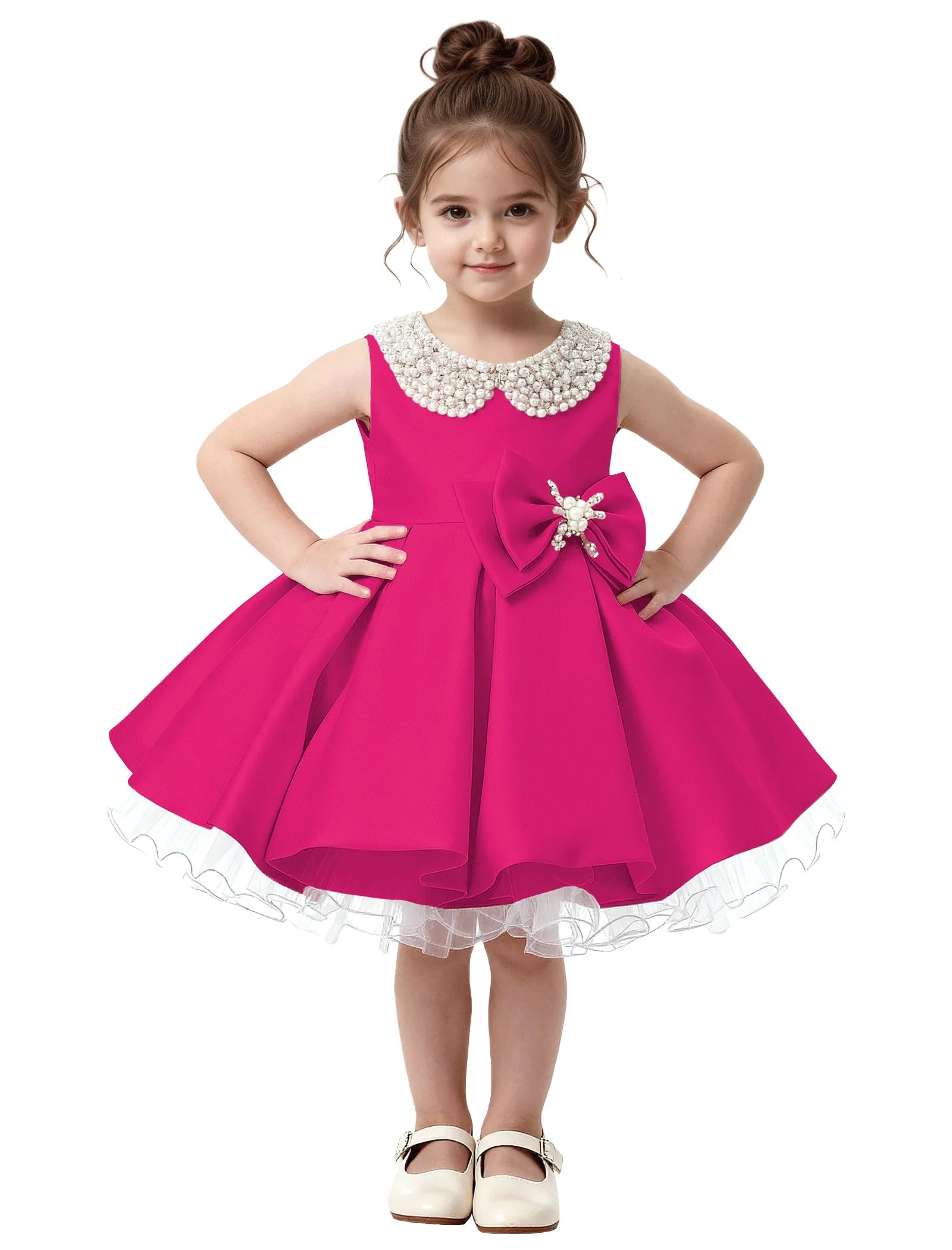 Pearl Collar Satin Flower Girl Dress with Big Bow