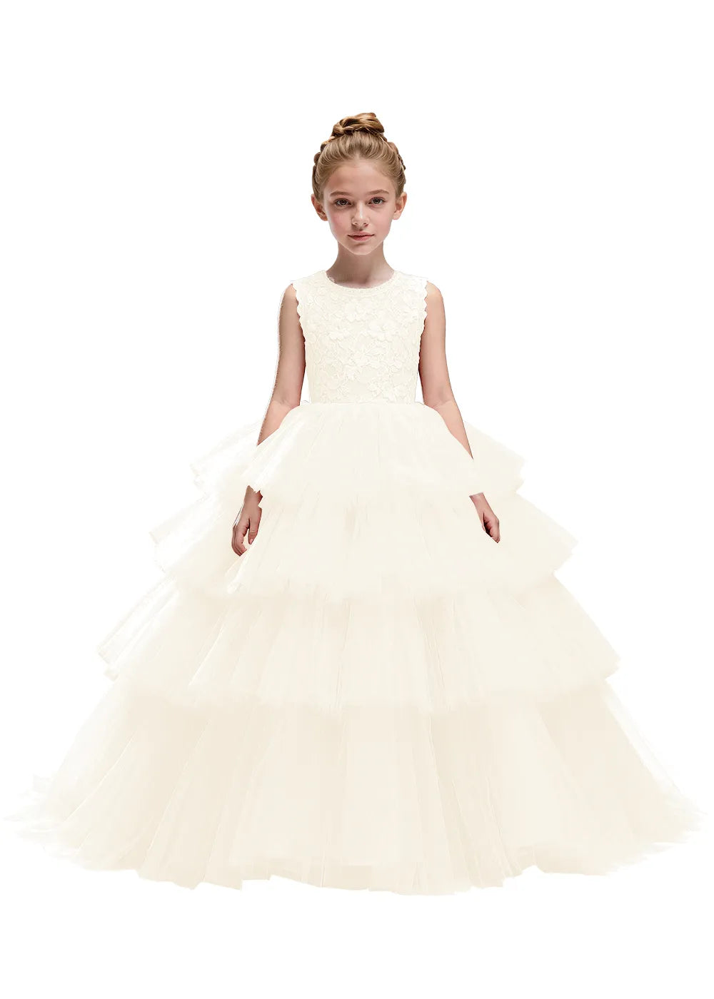 Floral Lace Kids Party Dress with Tiered Skirt