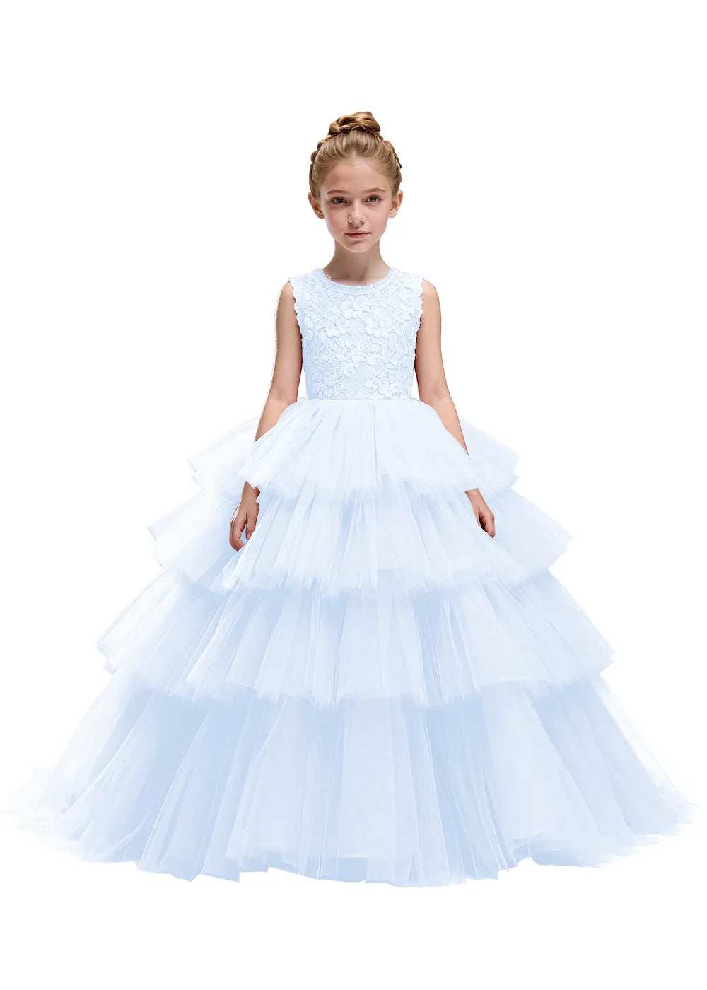 Floral Lace Kids Party Dress with Tiered Skirt
