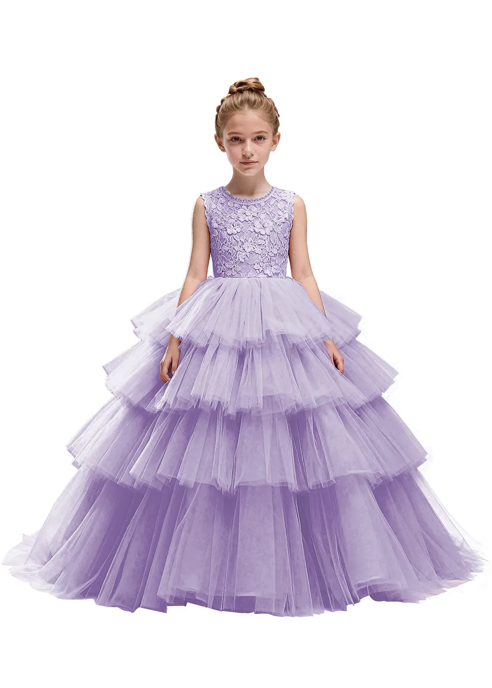 Floral Lace Kids Party Dress with Tiered Skirt