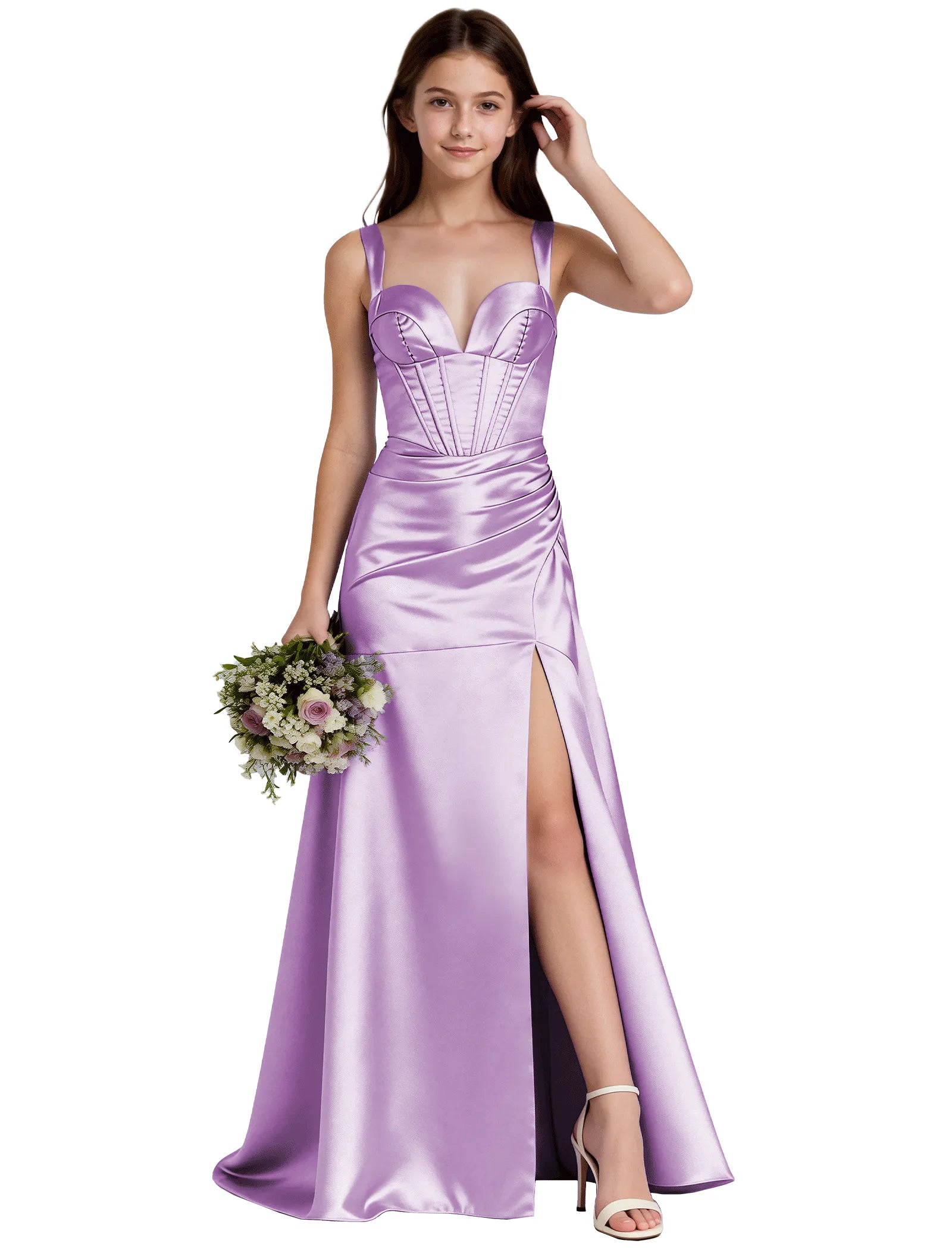 Shiny A-Line Satin Dress With Bustier Bodice for Girls