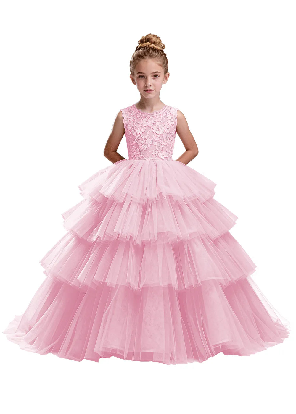 Floral Lace Kids Party Dress with Tiered Skirt