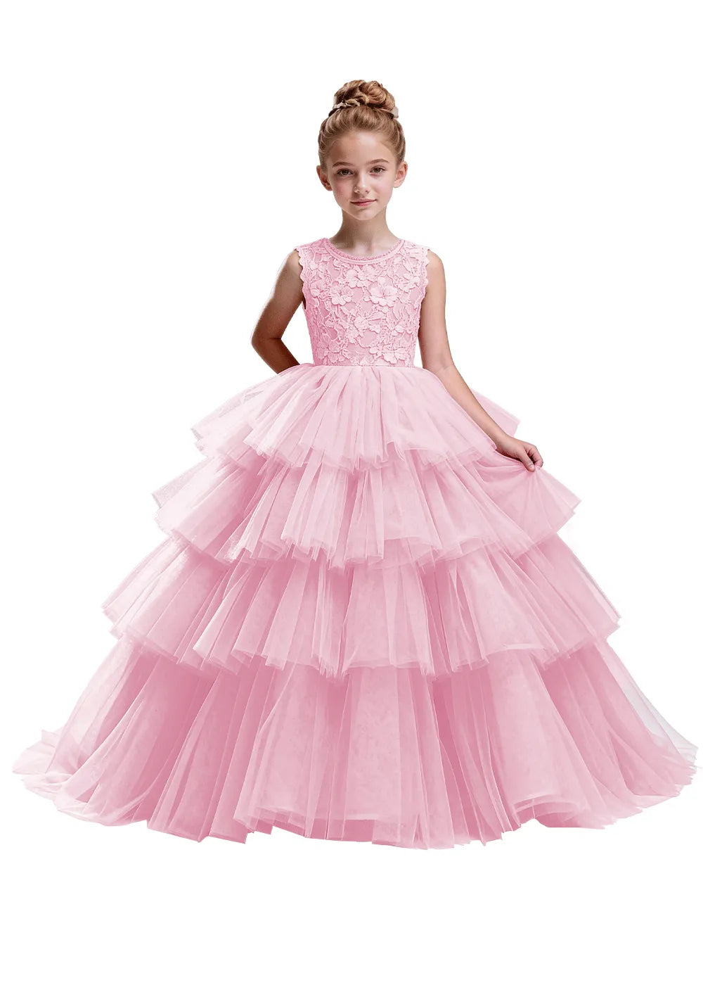 Floral Lace Kids Party Dress with Tiered Skirt
