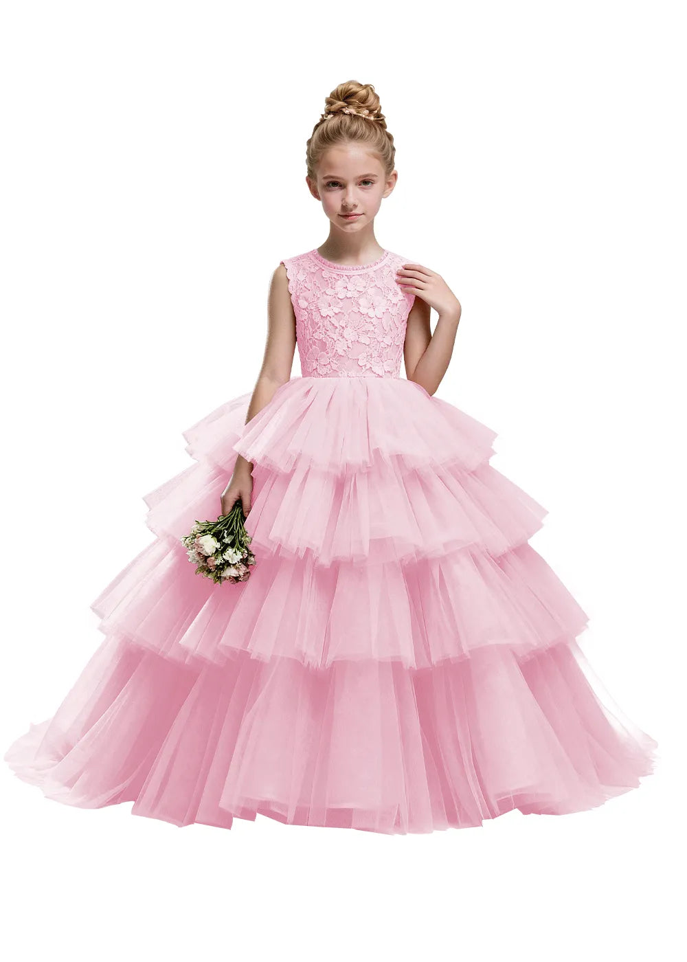 Floral Lace Kids Party Dress with Tiered Skirt