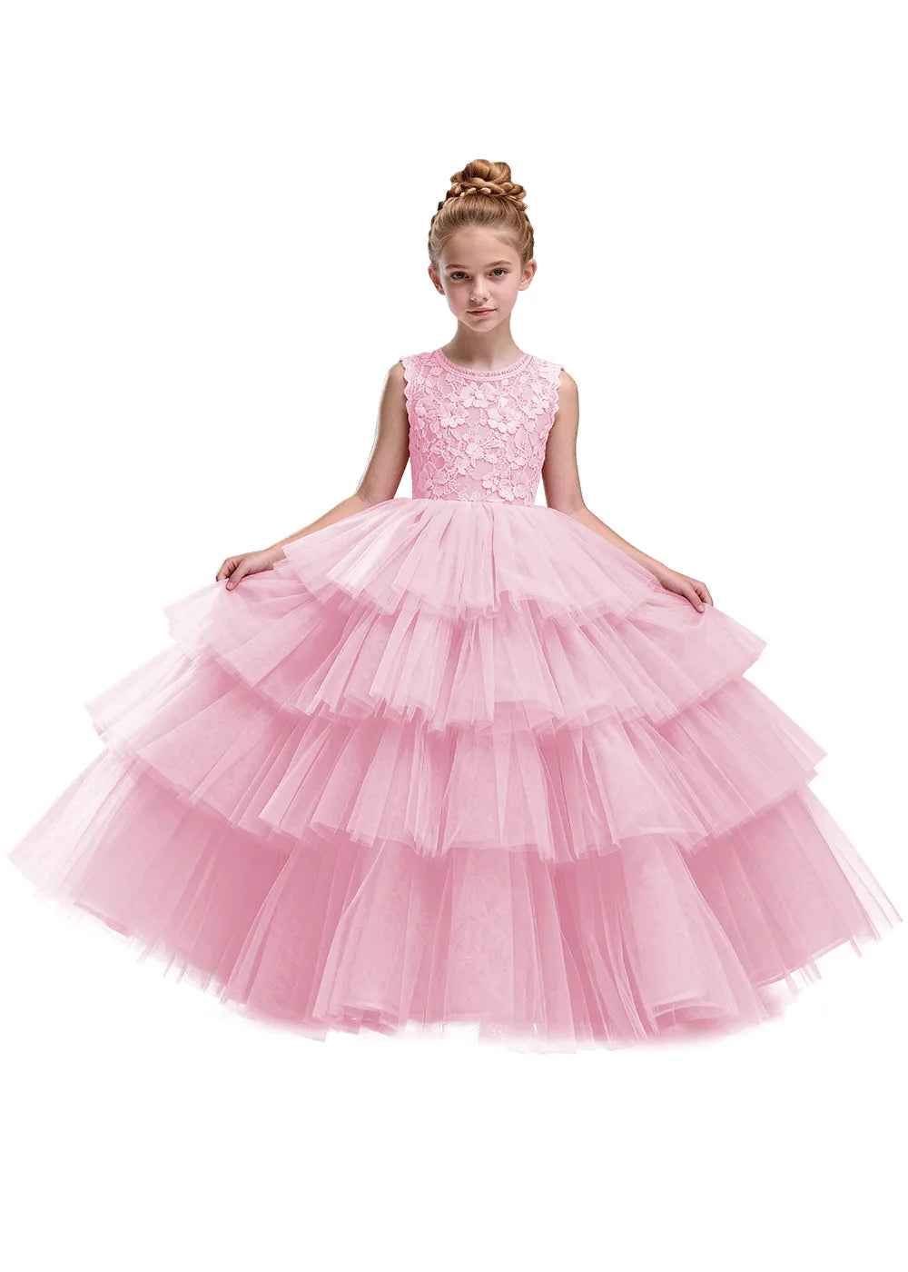 Floral Lace Kids Party Dress with Tiered Skirt