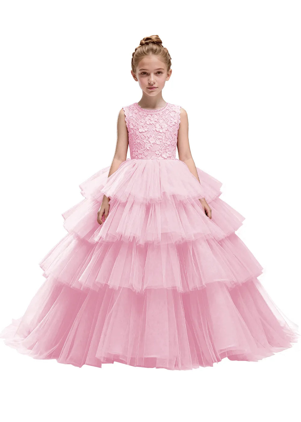 Floral Lace Kids Party Dress with Tiered Skirt