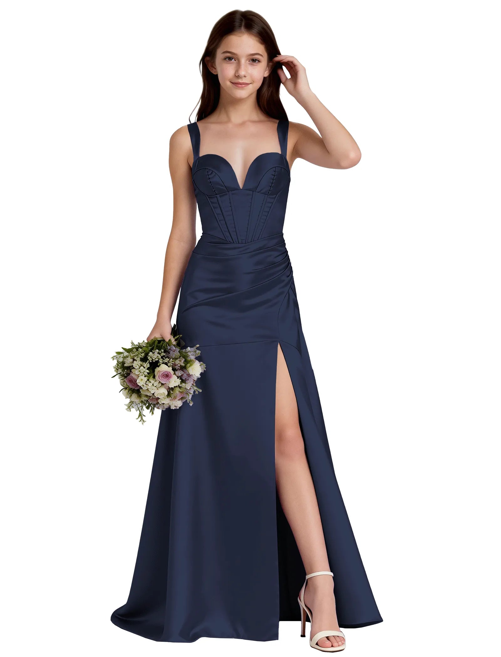 Shiny A-Line Satin Dress With Bustier Bodice for Girls