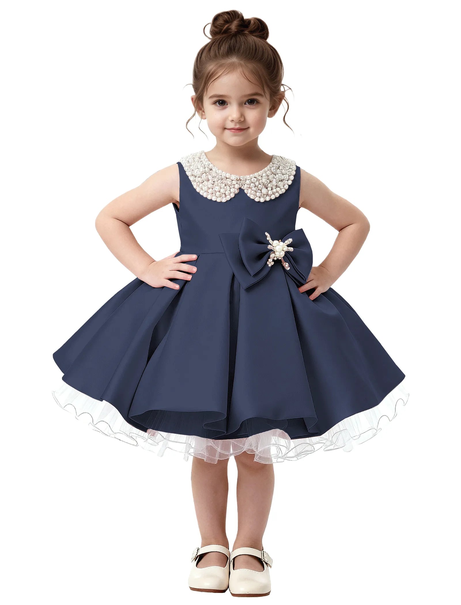 Pearl Collar Satin Flower Girl Dress with Big Bow