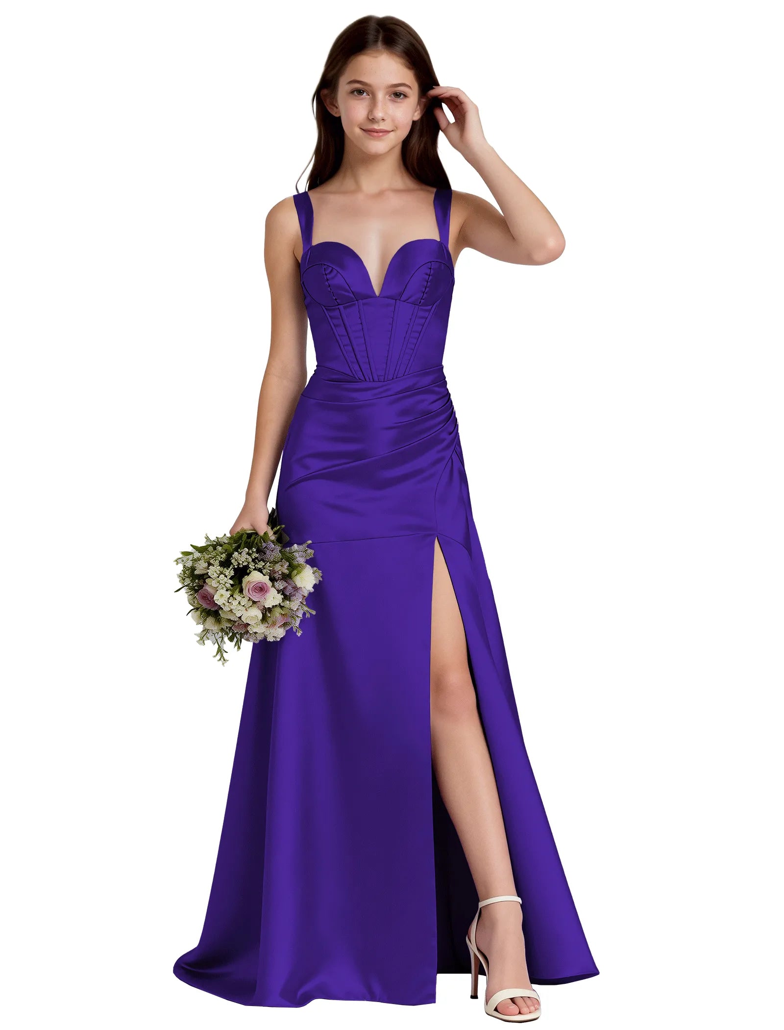 Shiny A-Line Satin Dress With Bustier Bodice for Girls