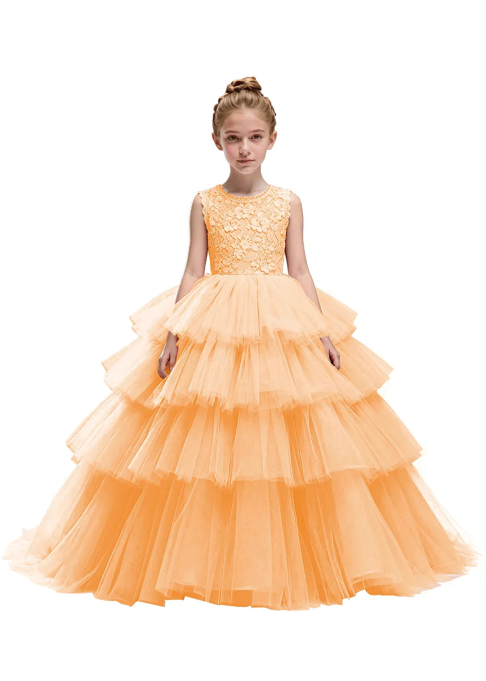 Floral Lace Kids Party Dress with Tiered Skirt