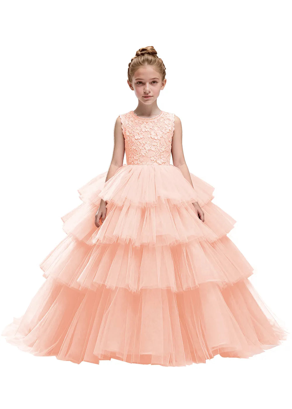 Floral Lace Kids Party Dress with Tiered Skirt