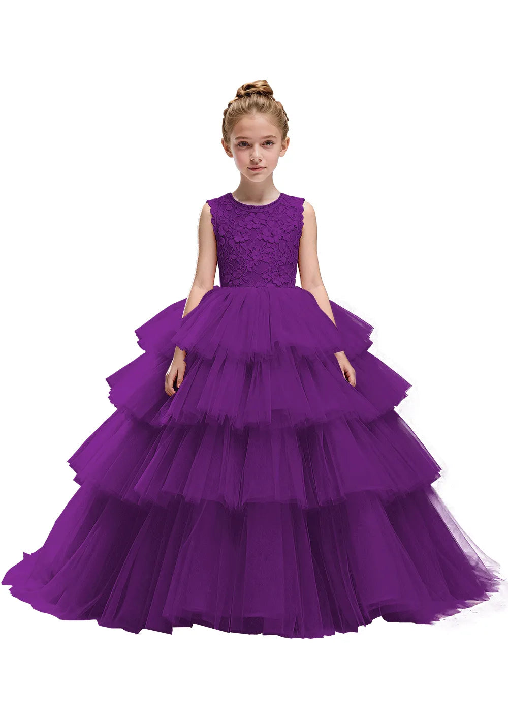 Floral Lace Kids Party Dress with Tiered Skirt