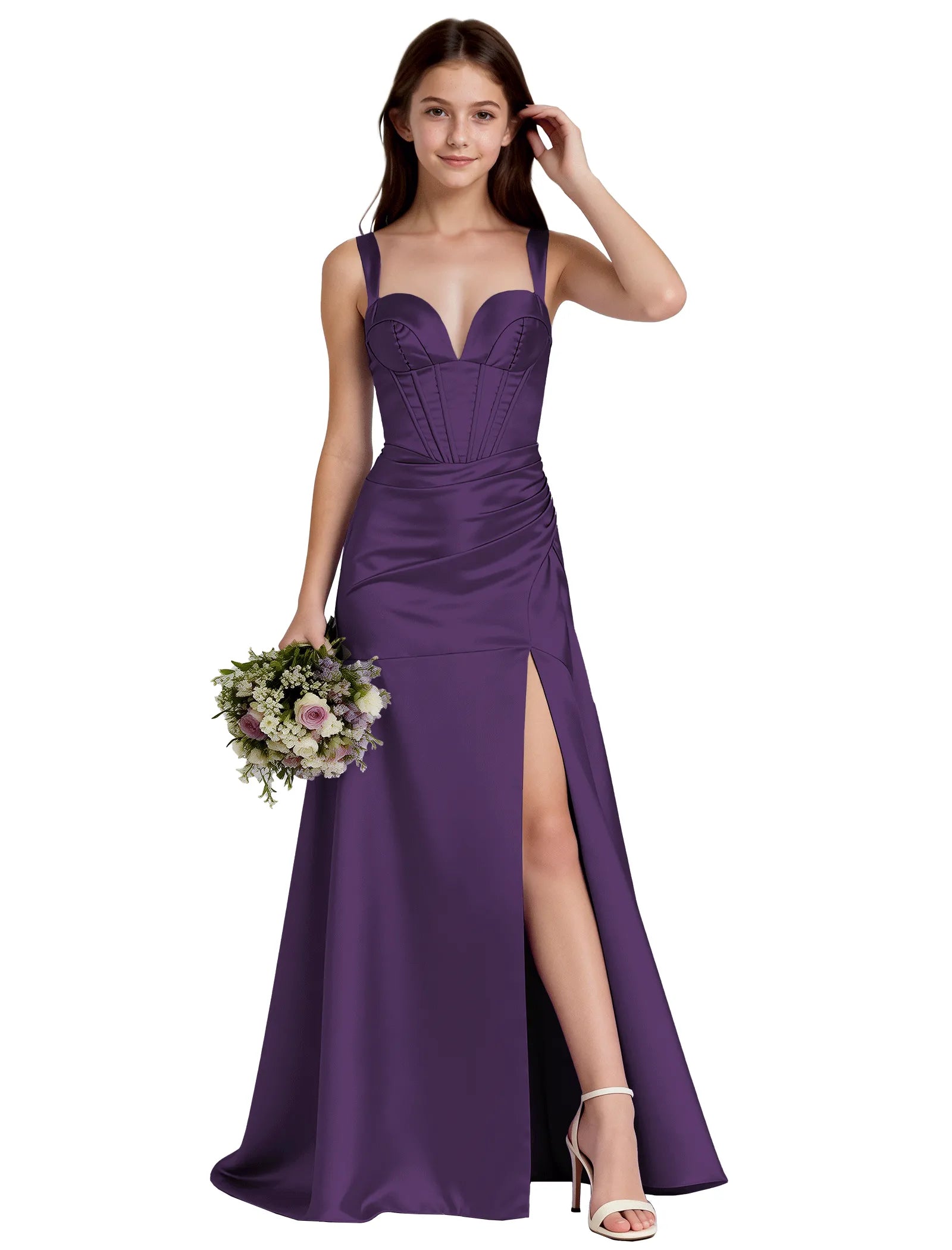 Shiny A-Line Satin Dress With Bustier Bodice for Girls
