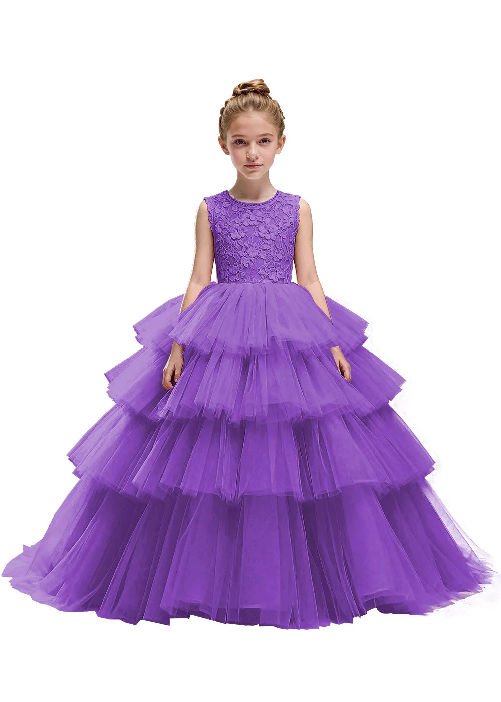 Floral Lace Kids Party Dress with Tiered Skirt