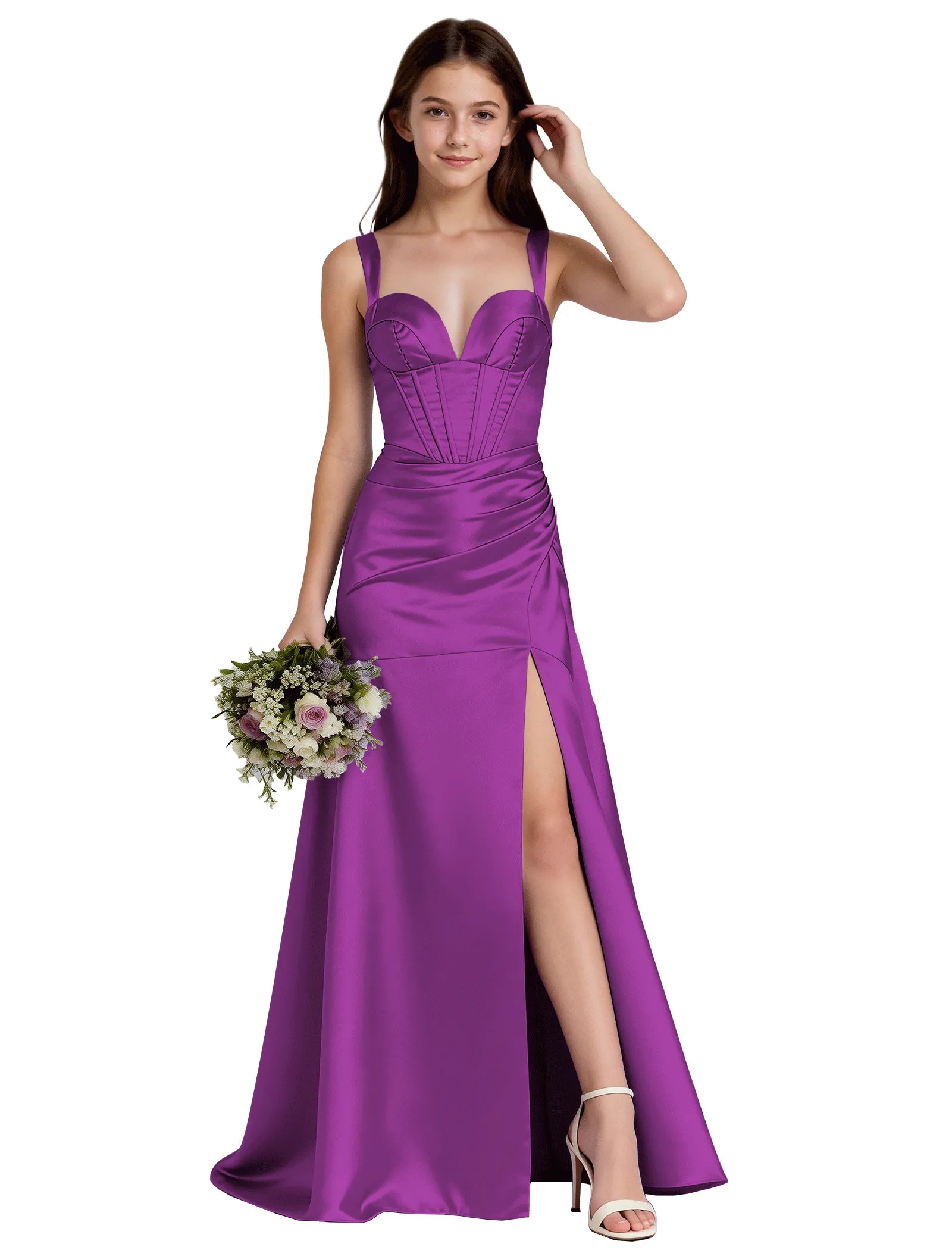Shiny A-Line Satin Dress With Bustier Bodice for Girls