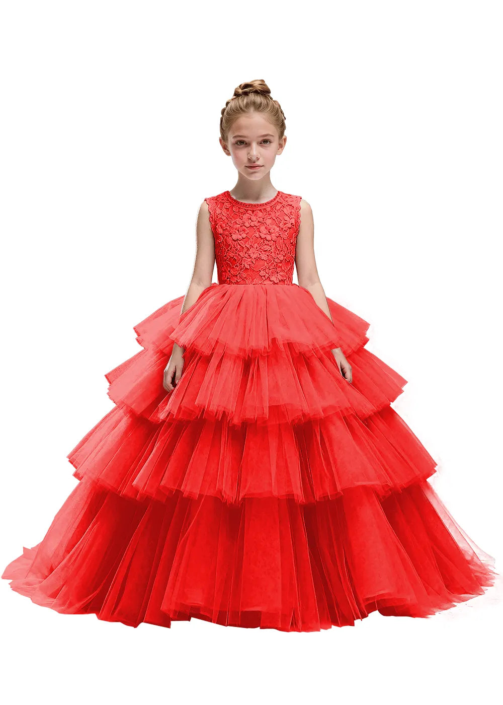 Floral Lace Kids Party Dress with Tiered Skirt