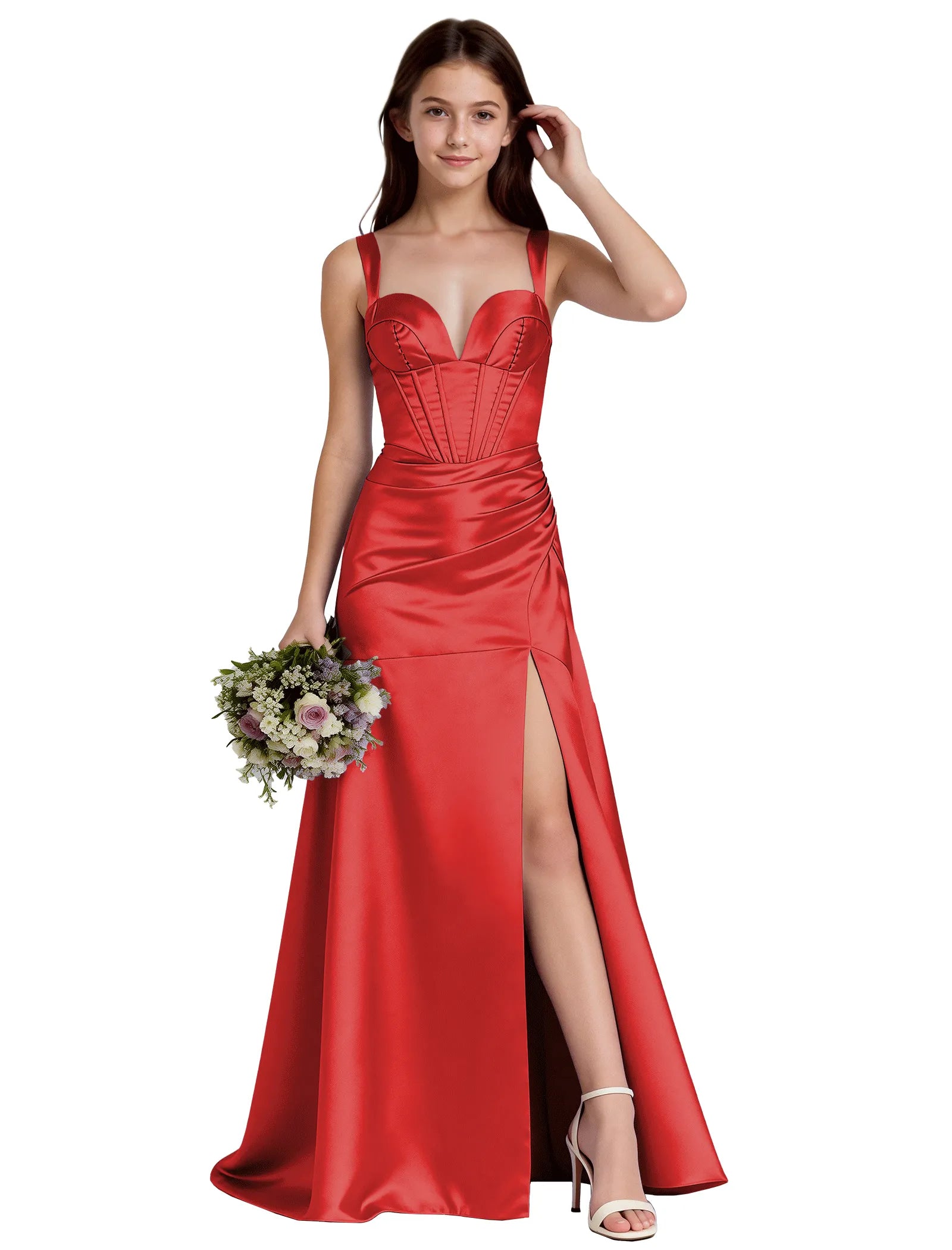 Shiny A-Line Satin Dress With Bustier Bodice for Girls