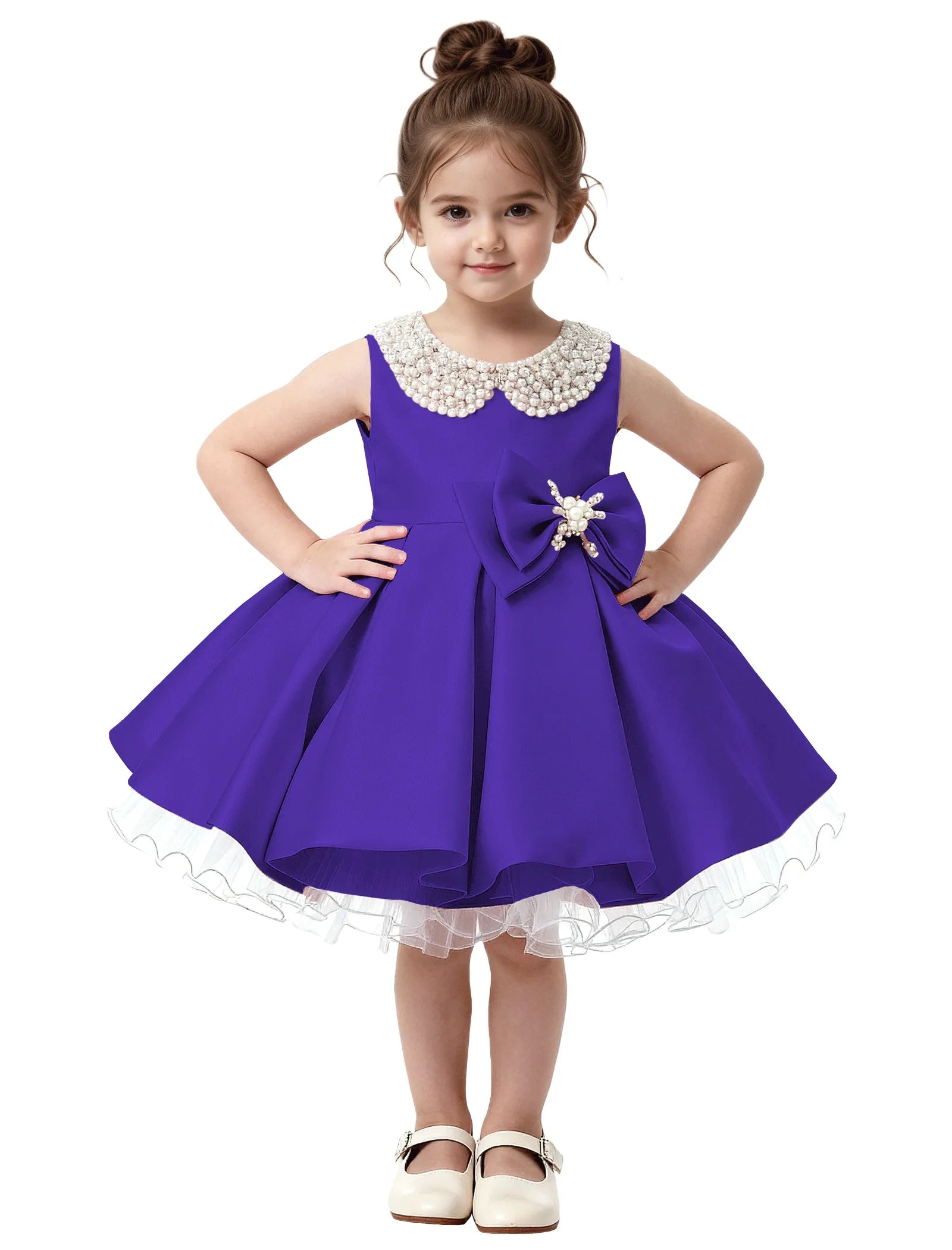 Pearl Collar Satin Flower Girl Dress with Big Bow