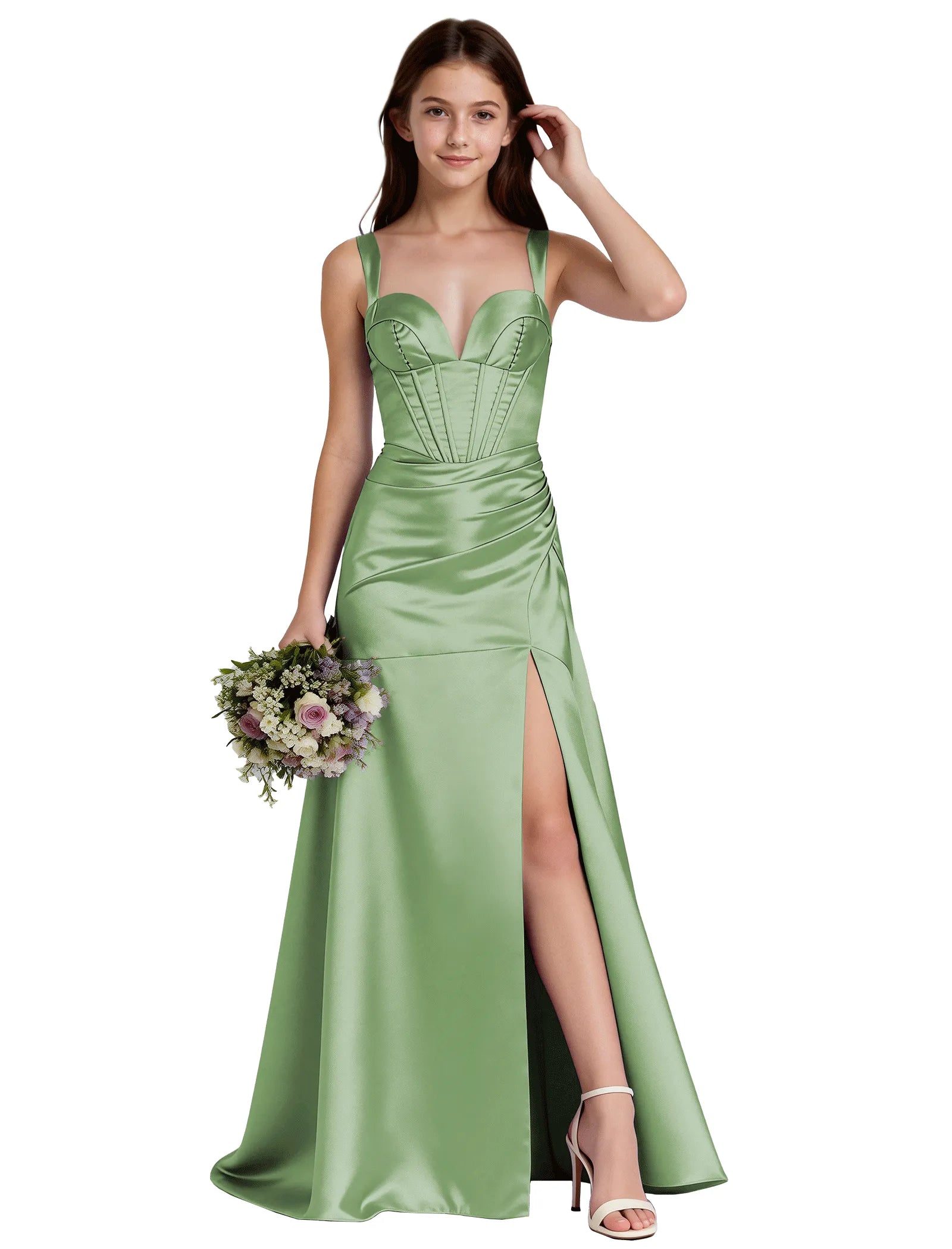 Shiny A-Line Satin Dress With Bustier Bodice for Girls