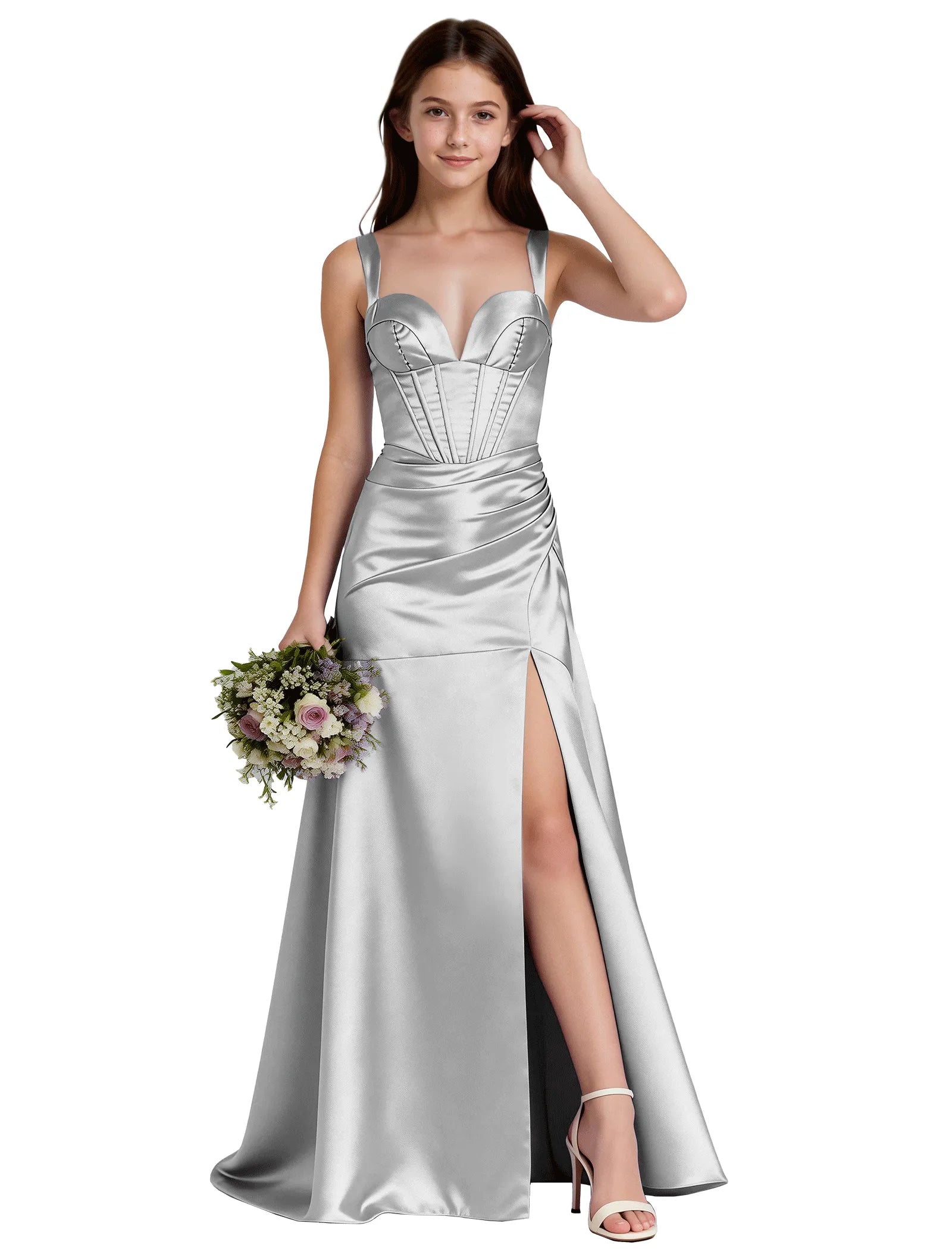 Shiny A-Line Satin Dress With Bustier Bodice for Girls
