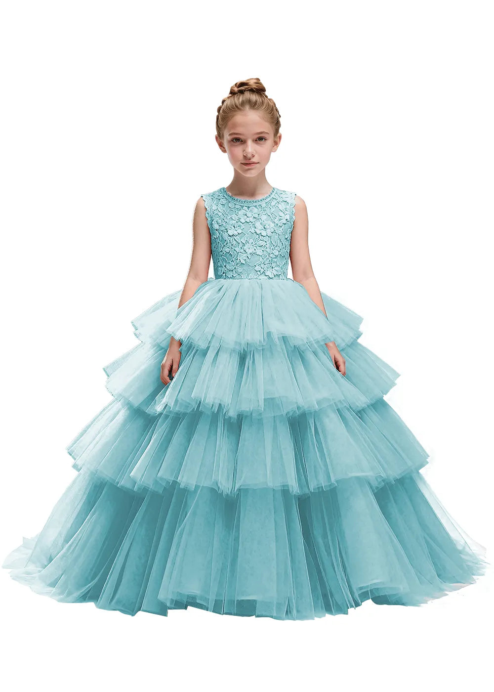 Floral Lace Kids Party Dress with Tiered Skirt