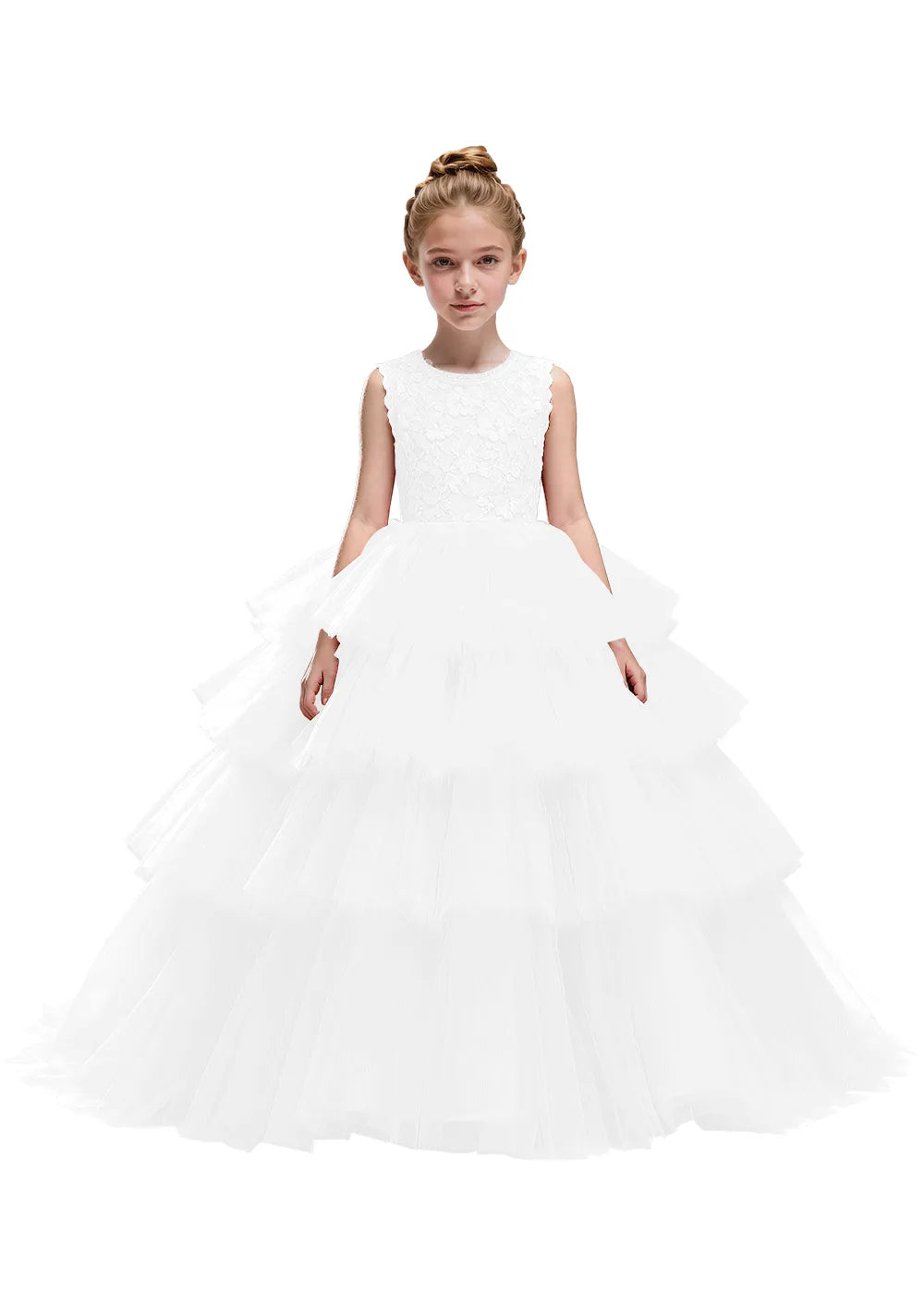 Floral Lace Kids Party Dress with Tiered Skirt