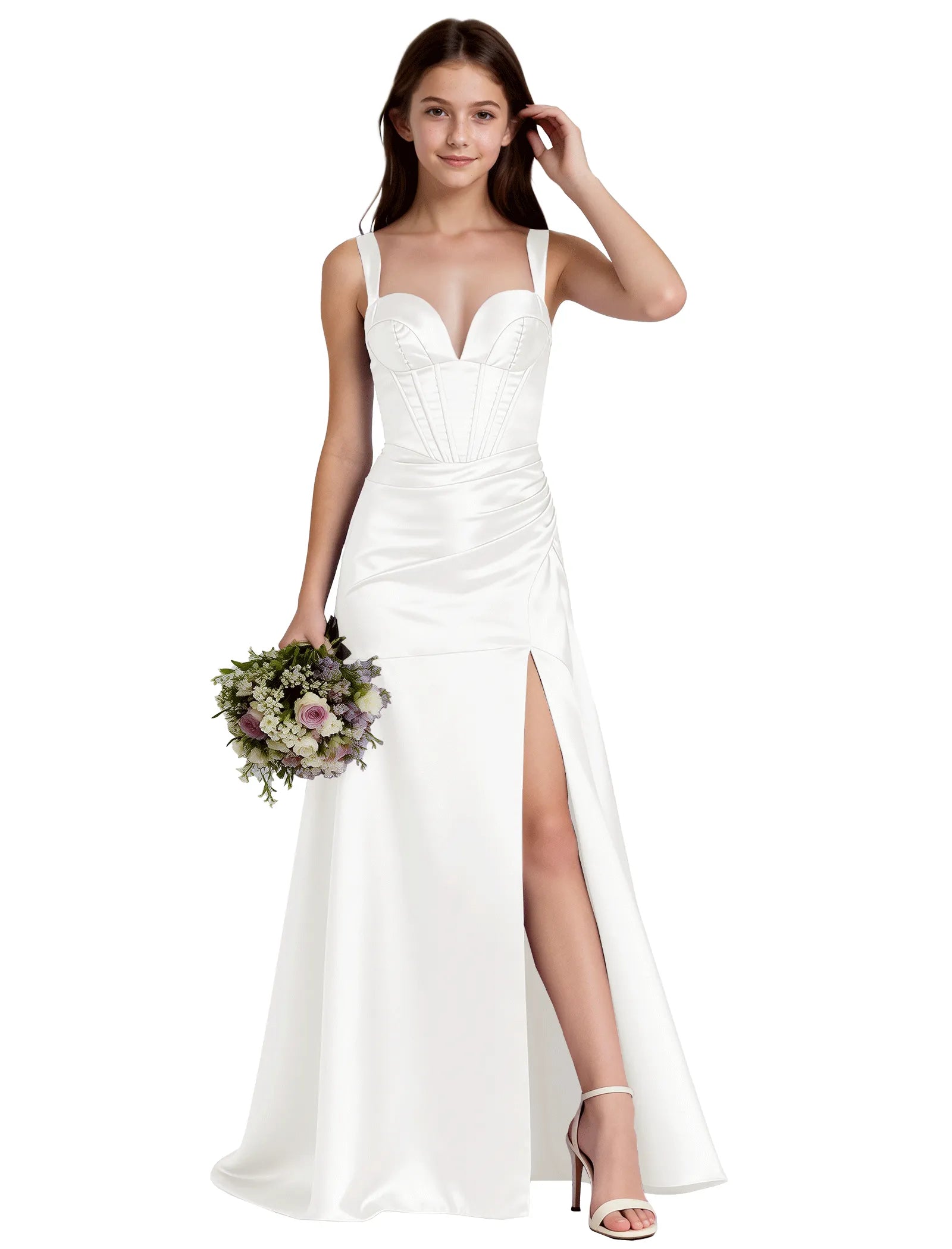 Shiny A-Line Satin Dress With Bustier Bodice for Girls
