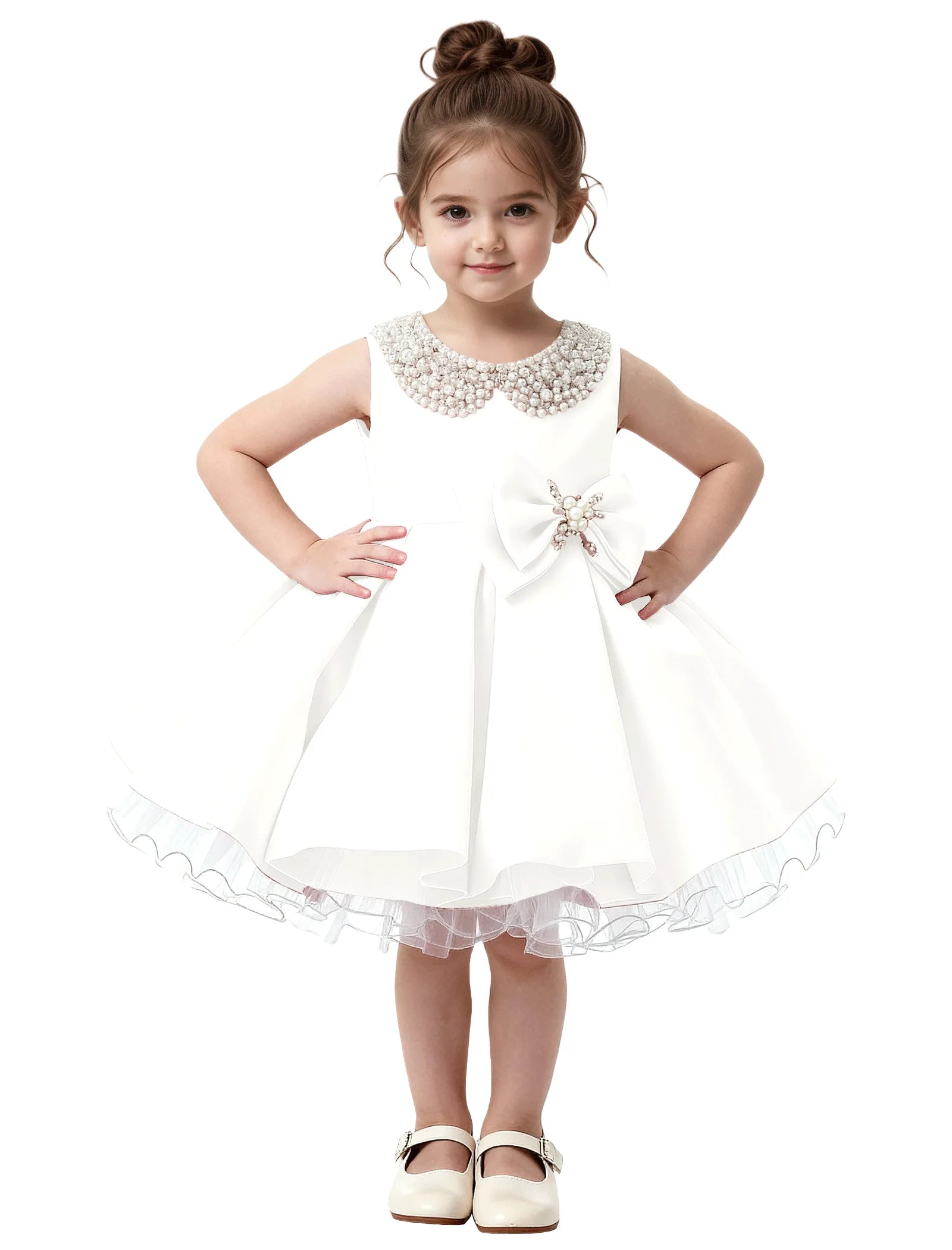 Pearl Collar Satin Flower Girl Dress with Big Bow
