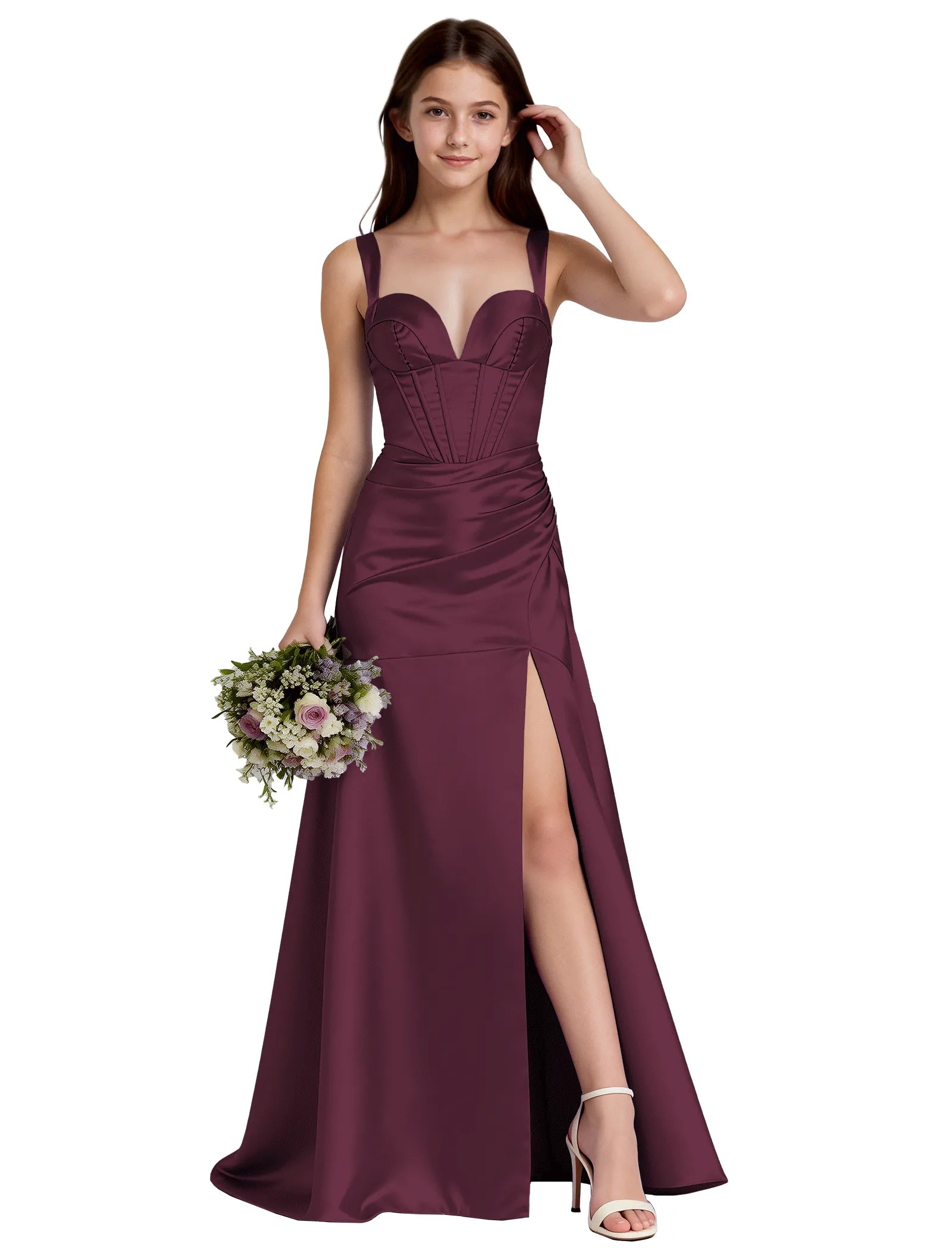 Shiny A-Line Satin Dress With Bustier Bodice for Girls