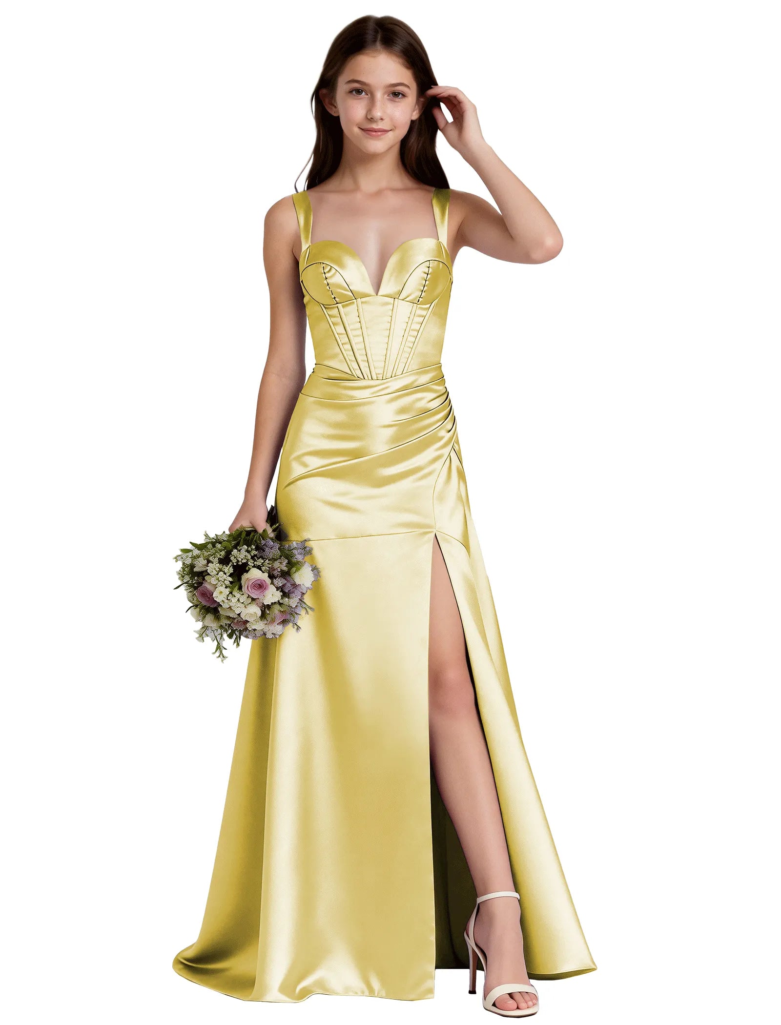 Shiny A-Line Satin Dress With Bustier Bodice for Girls