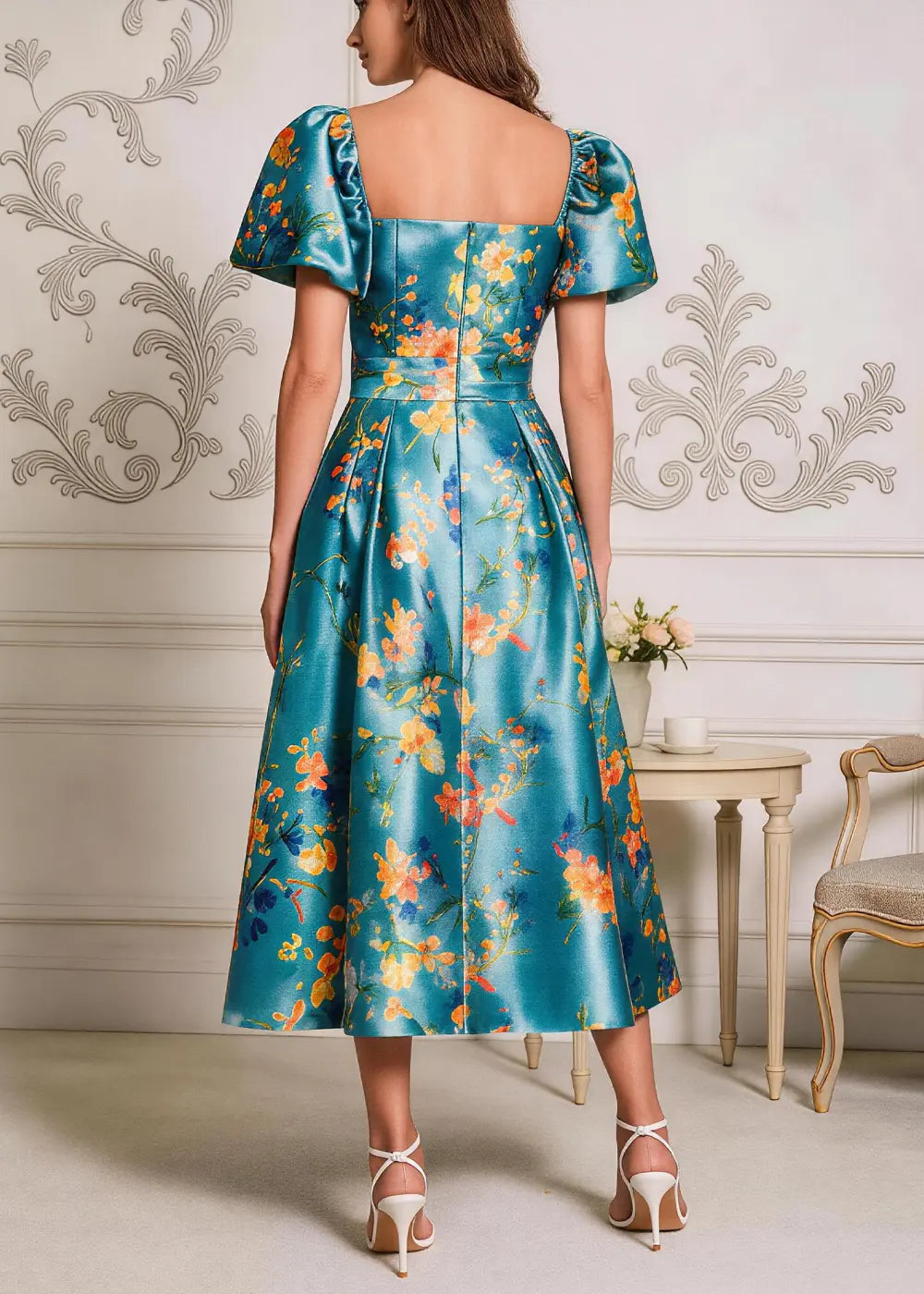 Teal Floral Square-Neck Puff-Sleeve Midi Dress