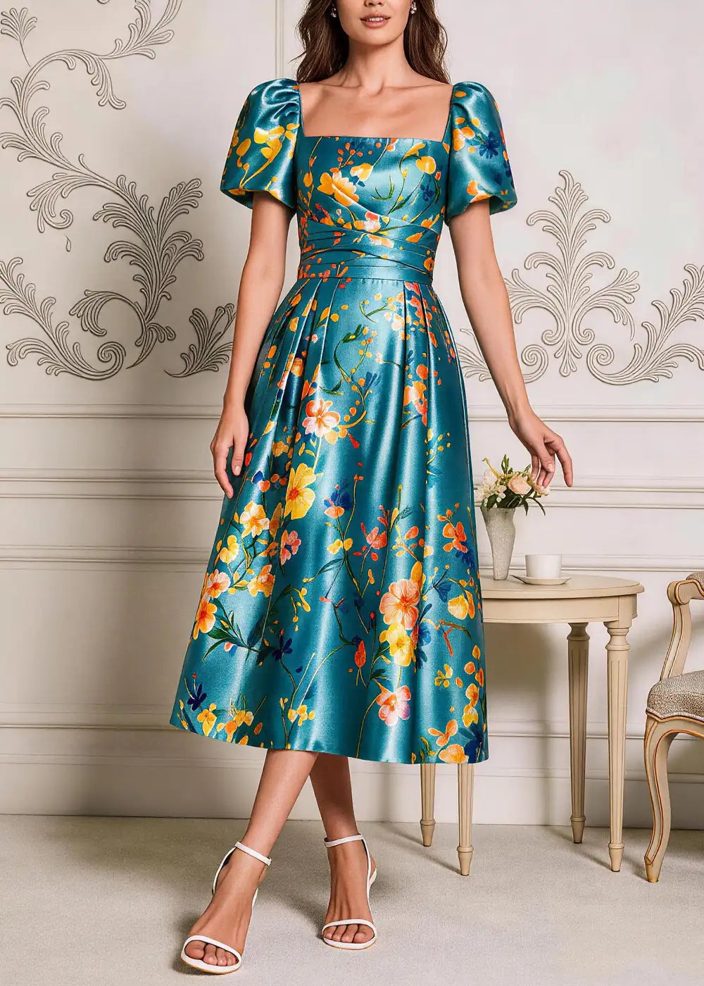 Teal Floral Square-Neck Puff-Sleeve Midi Dress