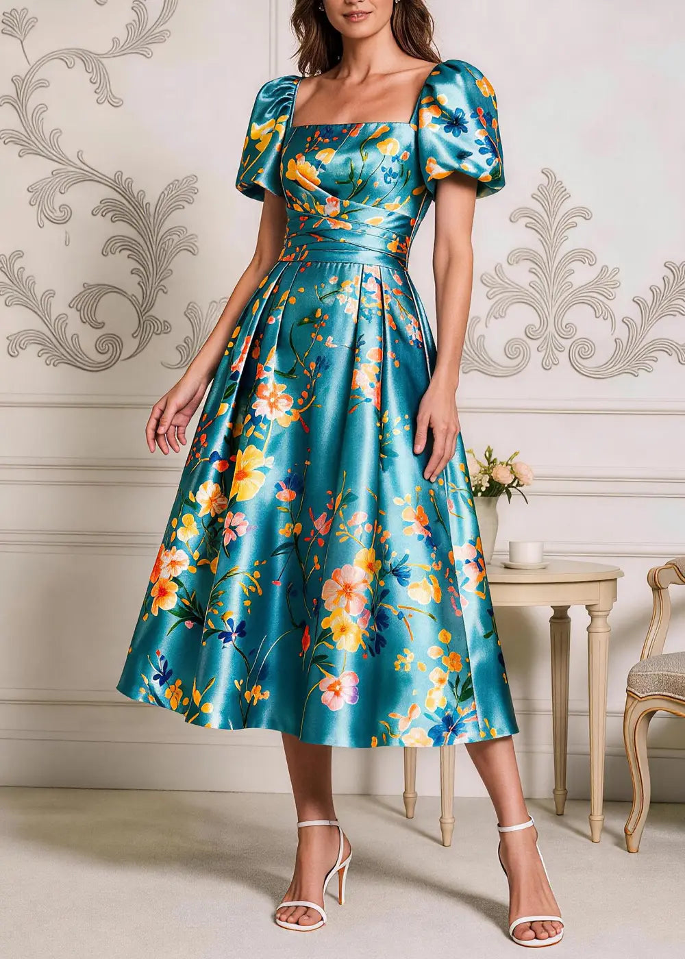 Teal Floral Square-Neck Puff-Sleeve Midi Dress
