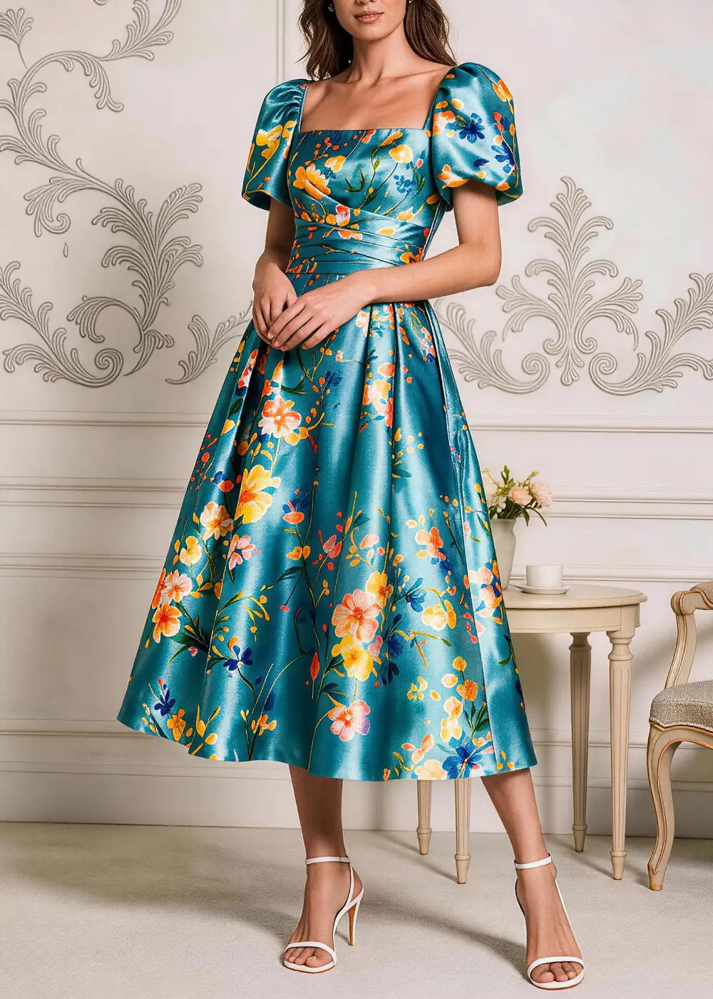 Teal Floral Square-Neck Puff-Sleeve Midi Dress