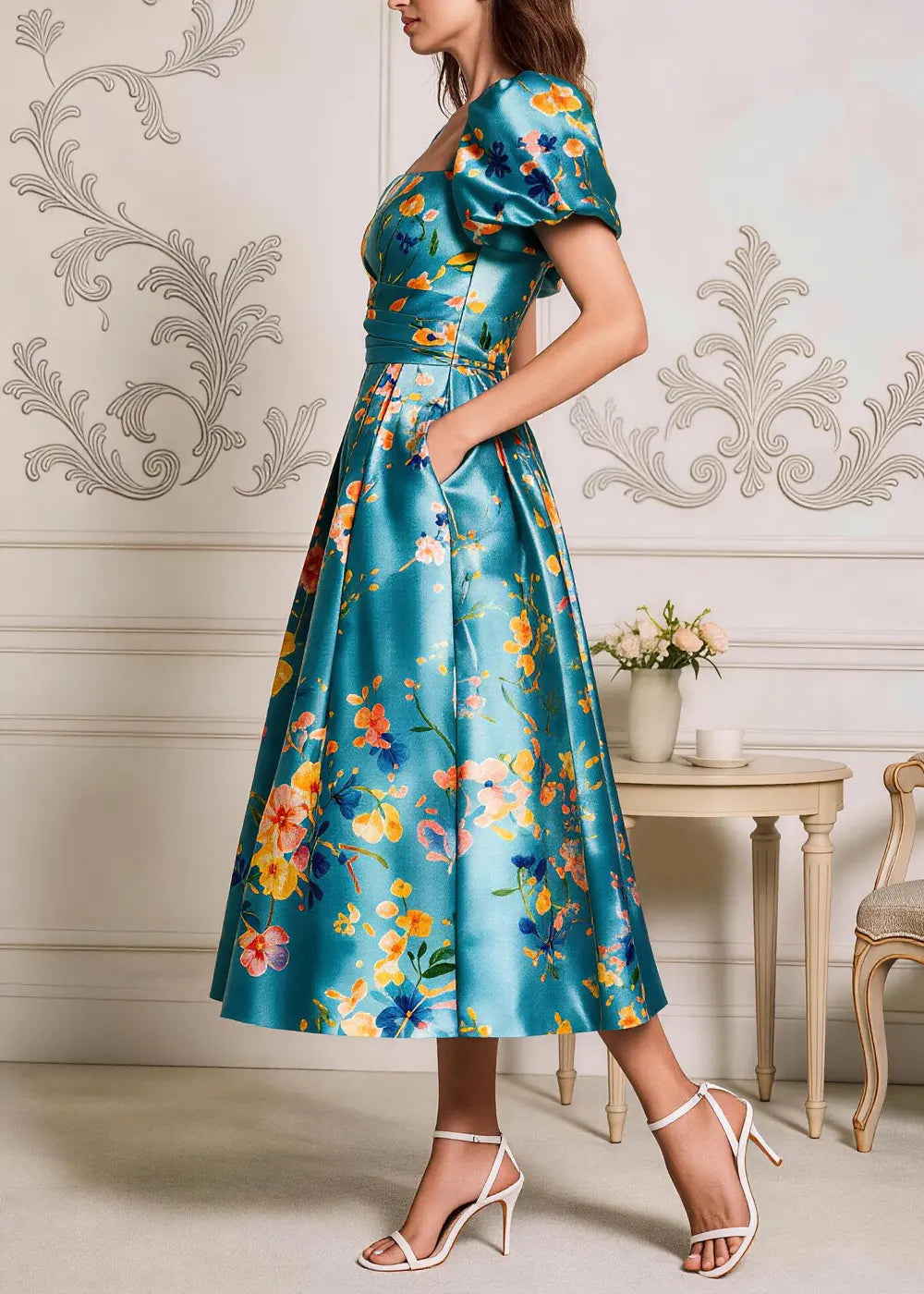 Teal Floral Square-Neck Puff-Sleeve Midi Dress