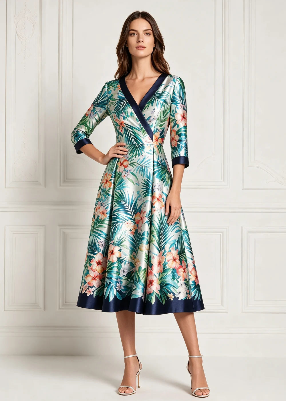 Tropical Floral Contrast-Trim Wrap Midi Dress