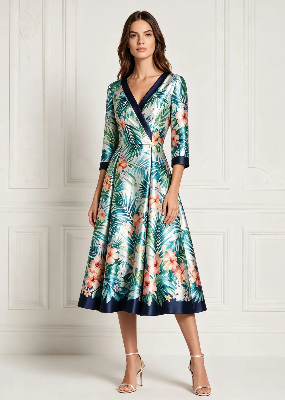 Tropical Floral Contrast-Trim Wrap Midi Dress