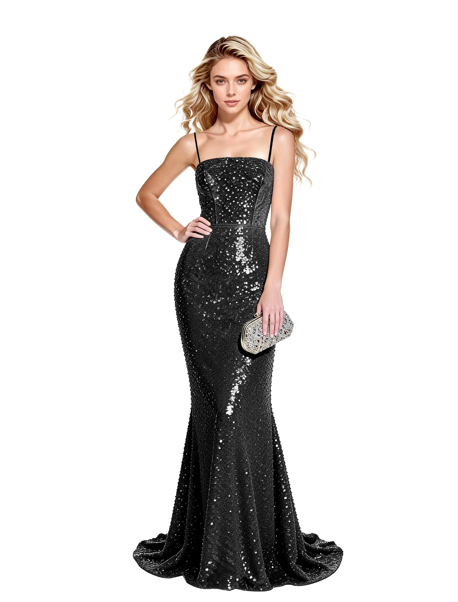 Sequin Mermaid Gown with Spaghetti Straps