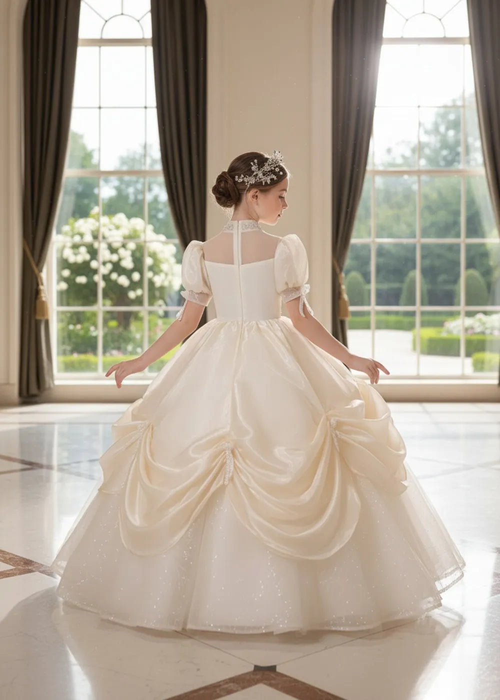 Girls Luxury Pageant Dress with Puff Sleeves