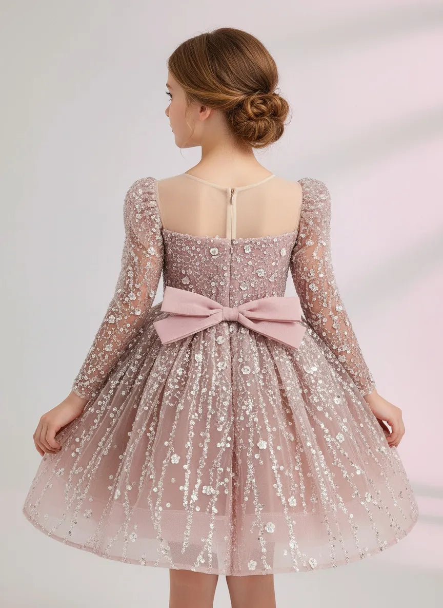 fitted lace wedding dress Long Sleeve Flower Girl Dress with Sequin Bodice & Bow Back fitted lace wedding dress Long Sleeve Flower Girl Dress with Sequin Bodice & Bow Back