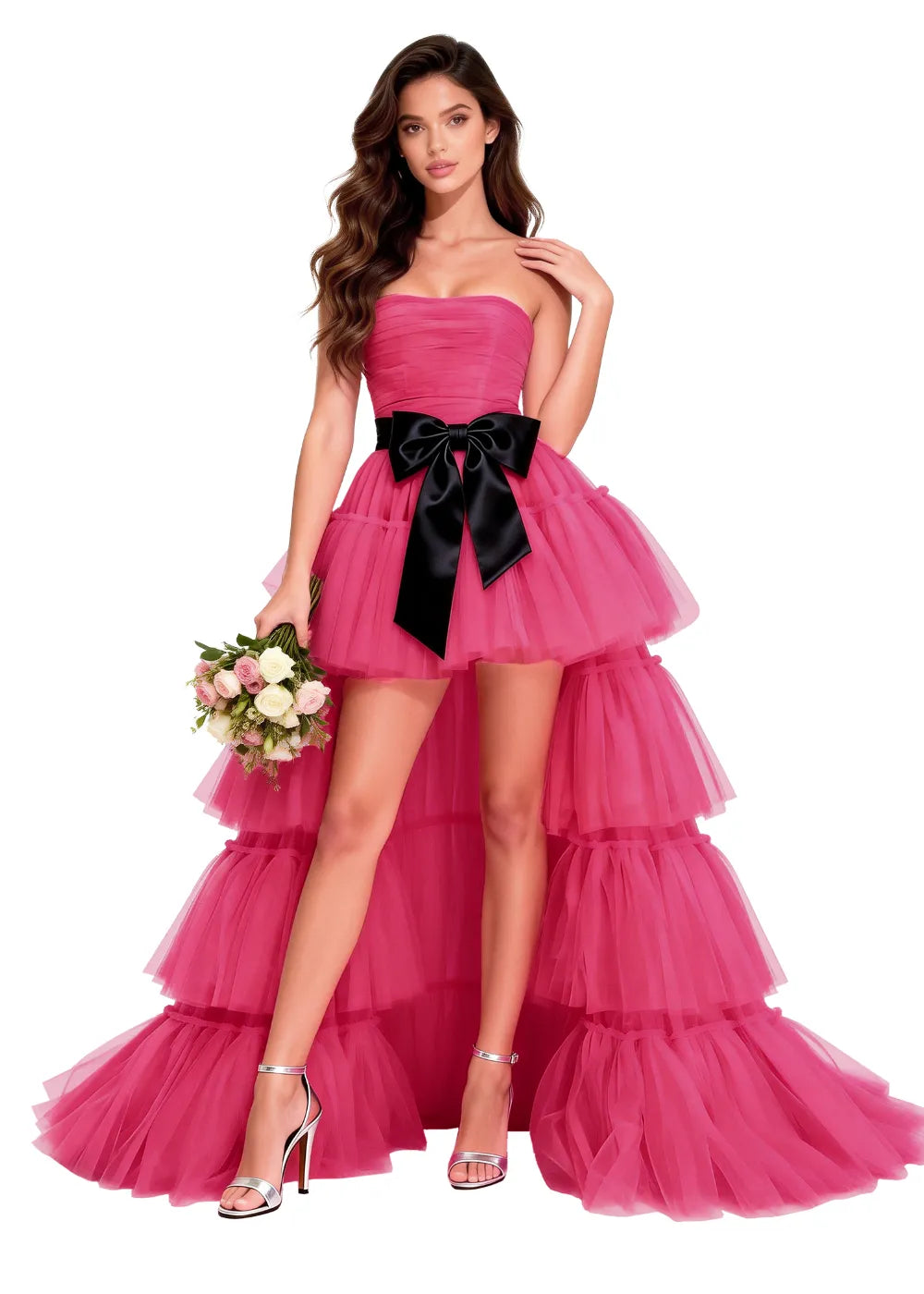 Princess Ruffle Tulle High-Low Evening Party Dress