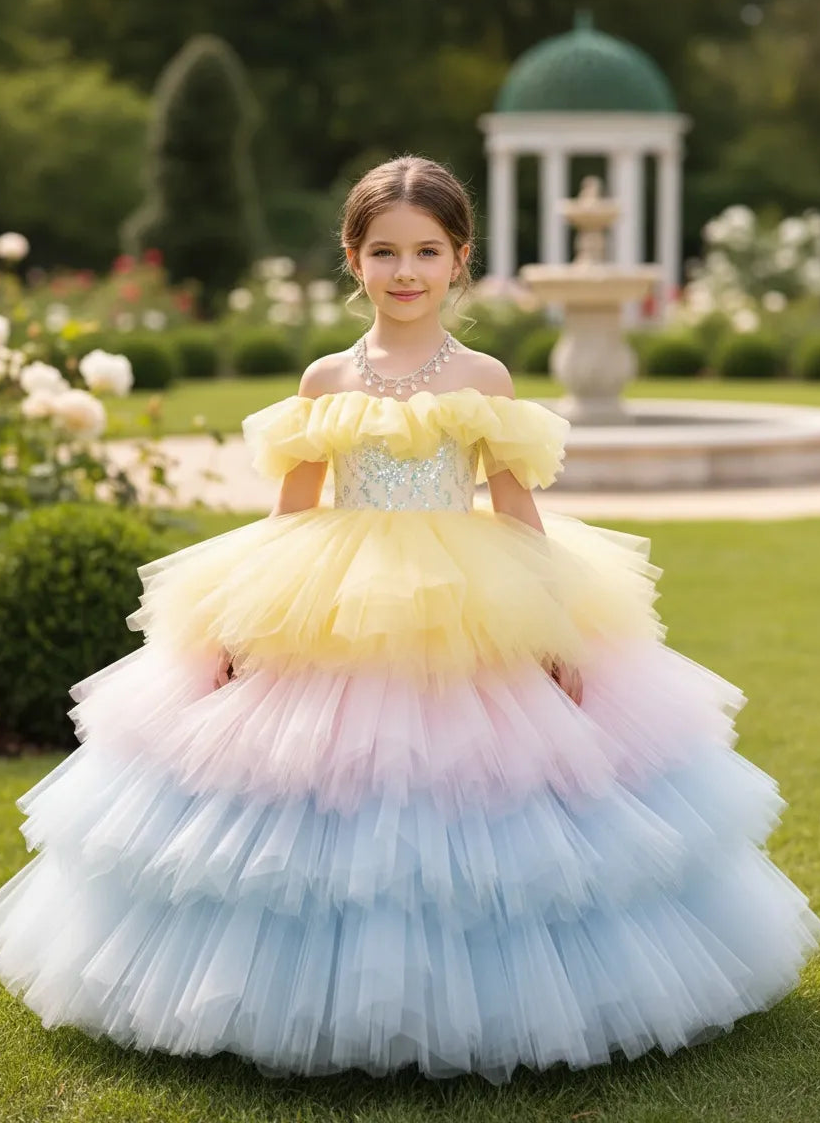 open lace back dress Tiered Rainbow Flower Girl Dress with Sequin Bodice & Tulle Skirt