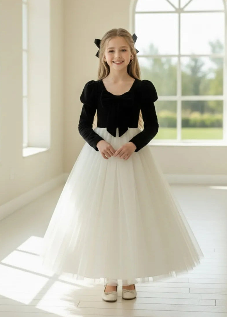 Long sleeve girls pageant dress with bow Holiday princess gown | Fynony Long sleeve girls pageant dress with bow Holiday princess gown | Fynony