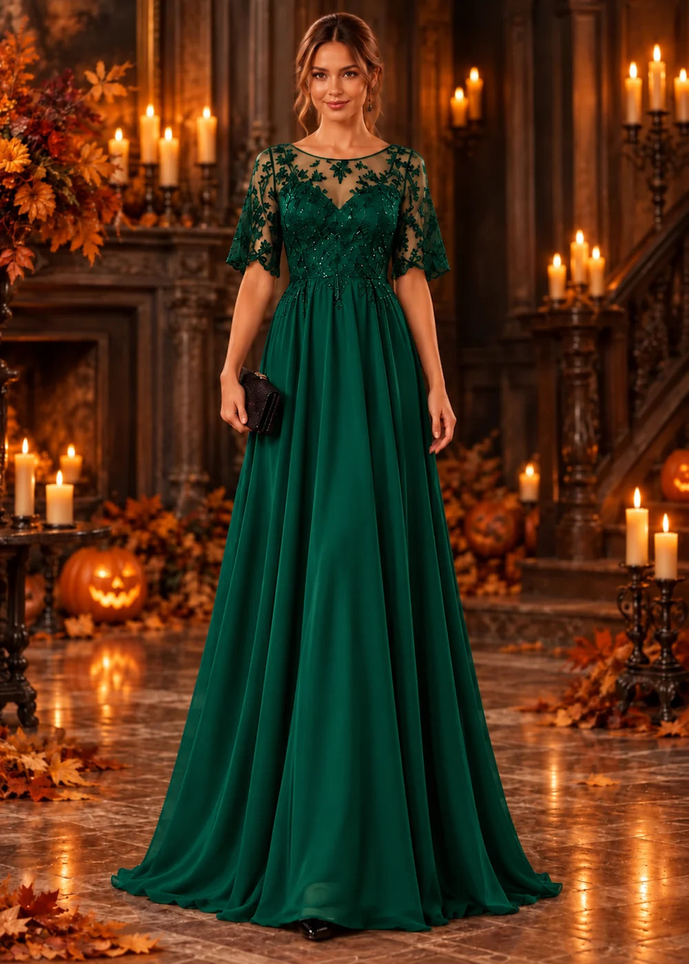 Front view of the emerald green evening gown with an illusion flutter-sleeve bodice and a tonal lace chiffon skirt.